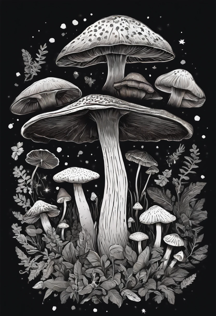 /Imagine Prompt: Mushroom illustration for a sticker with black background, en negrita, bordes dentados, Trashcore, sombreado claro --v 5.2