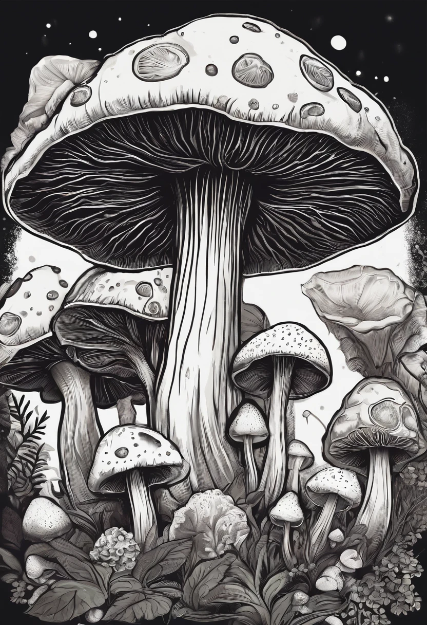 /Imagine Prompt: Mushroom illustration for a sticker with black background, en negrita, bordes dentados, Trashcore, sombreado claro --v 5.2