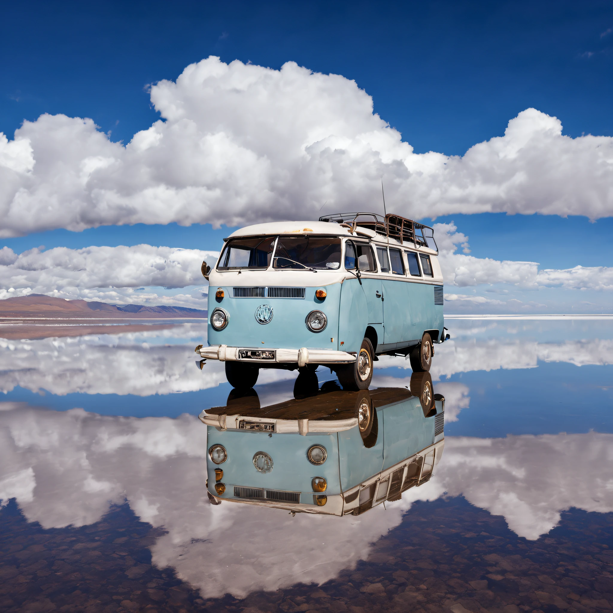 Old camper van close-up,Old camper van in a large body of water with clouds in the sky, At Salar de Uyuni, Amazing reflections of the sky, Incredible reflections, beautiful reflection, stunning photo, epic and stunning, Crossing the Blue Horizon