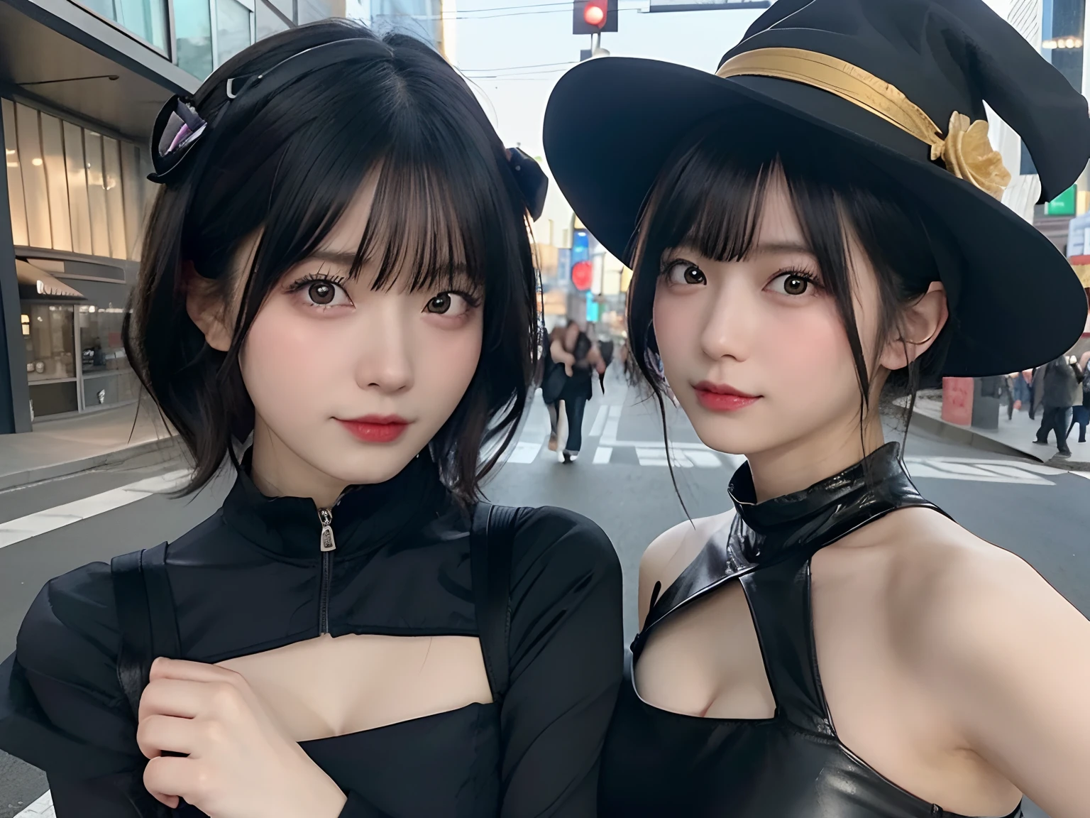 (top-quality,8K,masterpiece:1.3),(超A high resolution,Photorealsitic:1.4,RAW shooting),(ultra-detailliert,Caustics,perfect anatomia),(hyper detailed background,Ultra-realistic capture,beautifully detailed eyes),(Scramble crossing in Shibuya:1.1),Halloween Decorations,sexy pose,witch outfit,witch's hat,Two girls with short and medium hair,japanes,20yr old,kawaii,pretty black hair,large boob,Staring at this,Naughty look, natta,Dynamic lighting,taken from the under