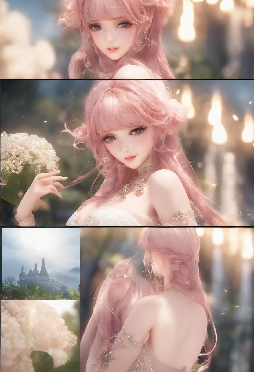 top-quality、​masterpiece、hight resolution、1、hair adornments、a necklace、jewely、美丽的面容、Tyndall effect、photoRealstic、Rim Lighting、Two-tone lighting、(high-detail skin:1.2)、8k UHD、Digital SLR、Soft Lighting、hightquality、volume illumination、Frankness、a picture、hight resolution、4k、8k、Bokeh、mideum breasts、Chest Pulling、absurderes、A pink-haired、Body view from head to knee、