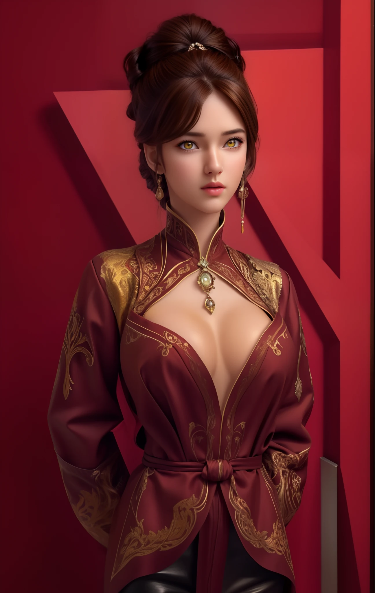 (hyperrealistic), (illustration), (high resolution), (8K), (extremely detailed), (best illustration), (beautiful detailed eyes), (best quality), (ultra-detailed), (masterpiece), (wallpaper), (photorealistic), (natural light), (rim lighting), (detailed face), (high detailed realistic skin texture), (anatomically correct), (solo), (1 girl), (high detailed realistic hair), (caramel hair:1.35), (heterochromic eyes), (detailed eyes), (yellow eyes:1.37), (sparkling eyes), (realistic big breasts:1.5), (exposed nipples breasts:1.35), (long legs), (slender abs), (dynamic pose), (closed tiny mouth:1.3), nsfw, concentrated expression, red and black outfits