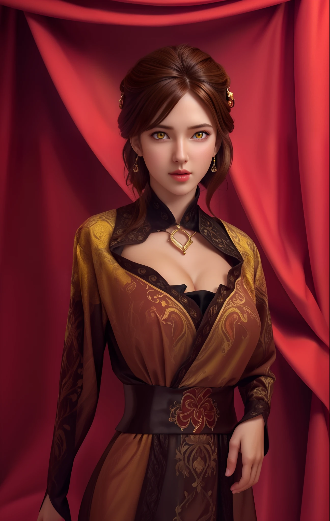 (hyperrealistic), (illustration), (high resolution), (8K), (extremely detailed), (best illustration), (beautiful detailed eyes), (best quality), (ultra-detailed), (masterpiece), (wallpaper), (photorealistic), (natural light), (rim lighting), (detailed face), (high detailed realistic skin texture), (anatomically correct), (solo), (1 girl), (high detailed realistic hair), (caramel hair:1.35), (heterochromic eyes), (detailed eyes), (yellow eyes:1.37), (sparkling eyes), (realistic big breasts:1.5), (exposed nipples breasts:1.35), (long legs), (slender abs), (dynamic pose), (closed tiny mouth:1.3), nsfw, concentrated expression, red and black outfits