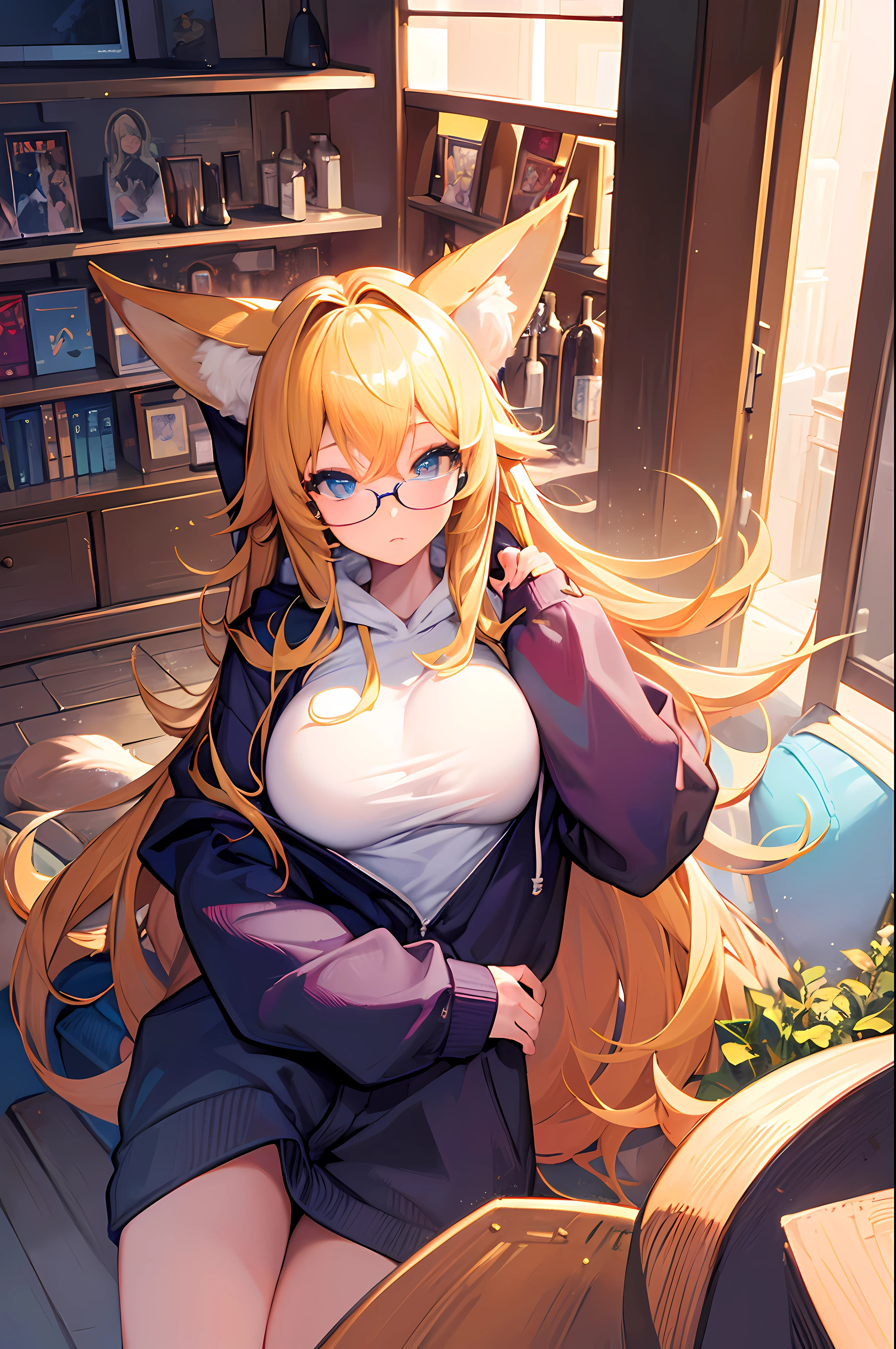 (Masterpiece, best quality, beautiful eyes, highly detailed, high res, anime), 1 girl, fox ears, fox tail, blond hair, blue eyes, big round glasses, hoodie, no underwear, , massive breasts, mature women, nerd, NEET, tiered, gamer girl, SFW, at home, room,