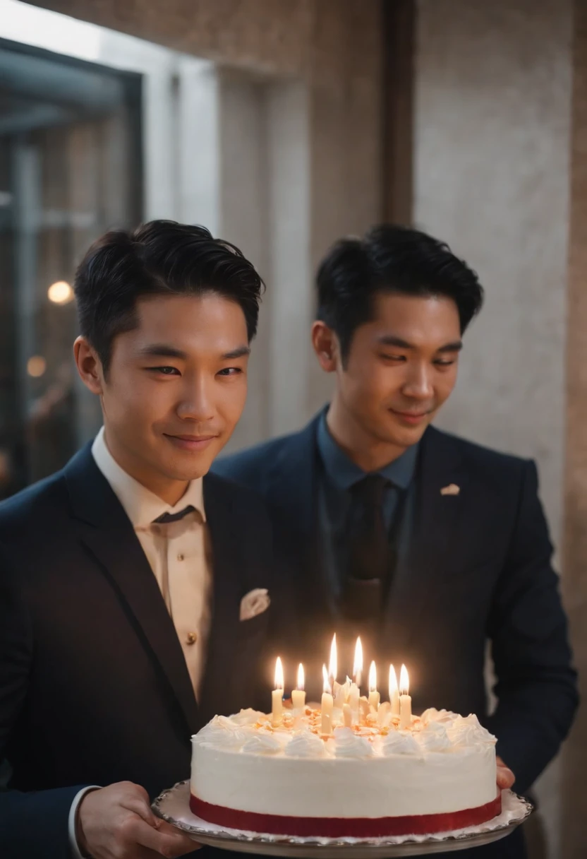 Japan men in Armani suits、Facing the front、Holding a whole cake in both hands、A candle is lit on the cake、kindly smile