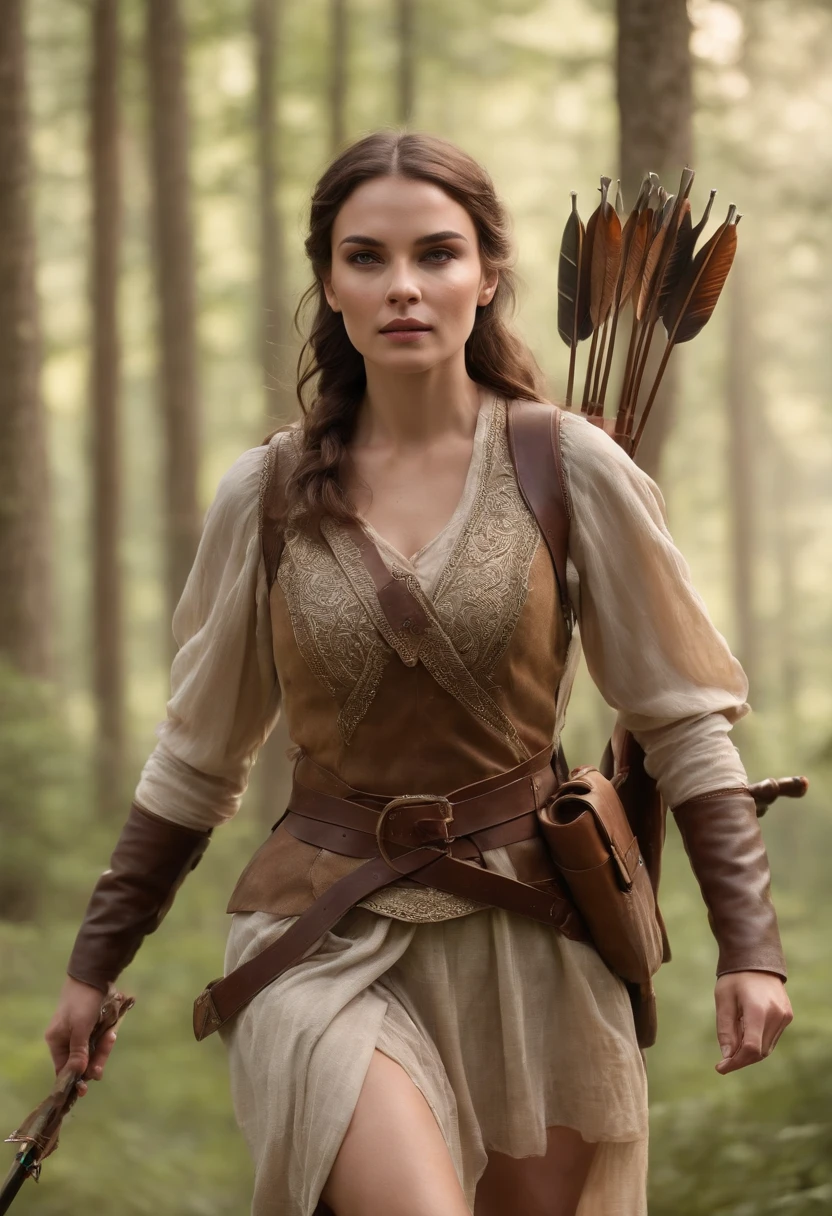 a Close up portrait of a European woman hunter with a quiver of arrows behind and with her a round trot on the edge of the forest, perfect composition, beautiful detailed intricate insanely detailed octane render trending on artstation, 8 k artistic photography, photorealistic concept art, soft natural volumetric cinematic perfect light, chiaroscuro, award - winning photograph, masterpiece