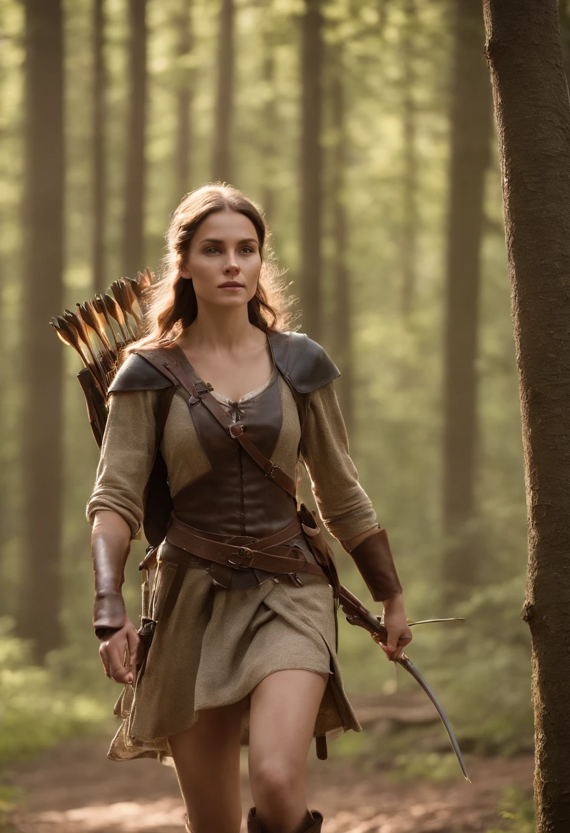 a Close up portrait of a European woman hunter with a quiver of arrows behind and with her a round trot on the edge of the forest, perfect composition, beautiful detailed intricate insanely detailed octane render trending on artstation, 8 k artistic photography, photorealistic concept art, soft natural volumetric cinematic perfect light, chiaroscuro, award - winning photograph, masterpiece