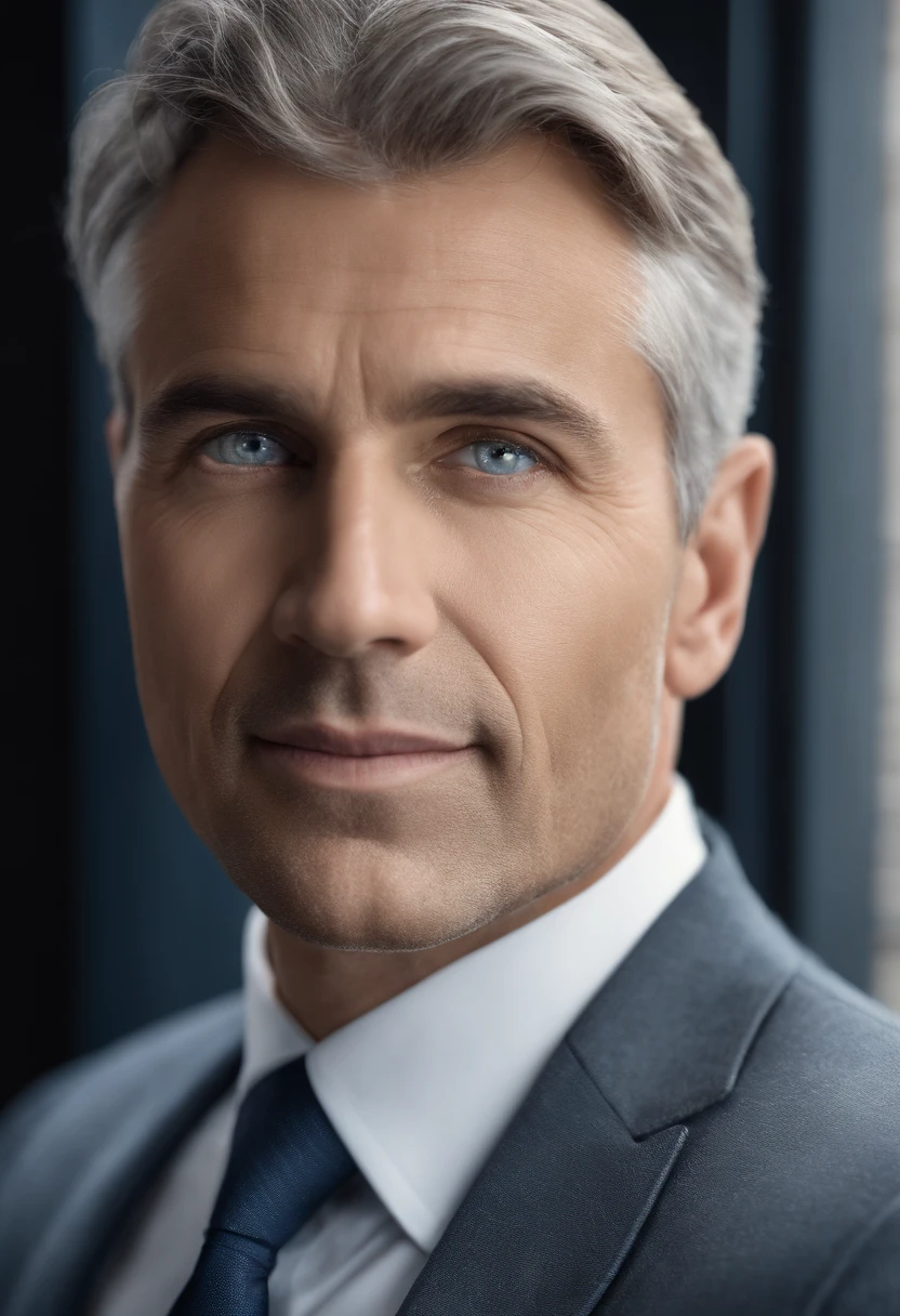 realistic image of middle-aged business professional, 100 ponds of weight, professionally dressed in a suit and tie, high-quality, highest resolution, standing position, hands down, professional, beautiful detailed slightly blue grey eyes , beautiful detailed lips,, graying short hair, kind expression, warm smile, distinguished look, proper lighting, plain background, clean image with no blurry effect, ultra-detailed texture,masterpiece:1.2