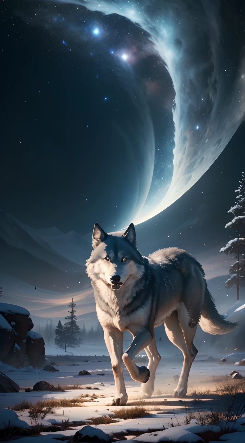 Strong wolf,中景 the scene is,(Full body appearance),Admire the night sky,standing on your feet,Roared,Rush into the night sky,Delicate depiction of hair,(Extremely detailed depiction of the wolf's body),Empty night sky,Transparent Nebula,pagoda,Auspicious clouds,The huge full moon shines brightly,Endless savannah,(Snowflakes flying),Empty visuals,ultra-wide-angle,Winter tones,light and shadow effect,Light particle tracing,rendering by octane,Movie lighting,Surreal landscape,clear contour light,rim-light,fanciful,(8K分辨率),spotlight lights,Masterpiece,Master painting,photorealestic,realisticlying