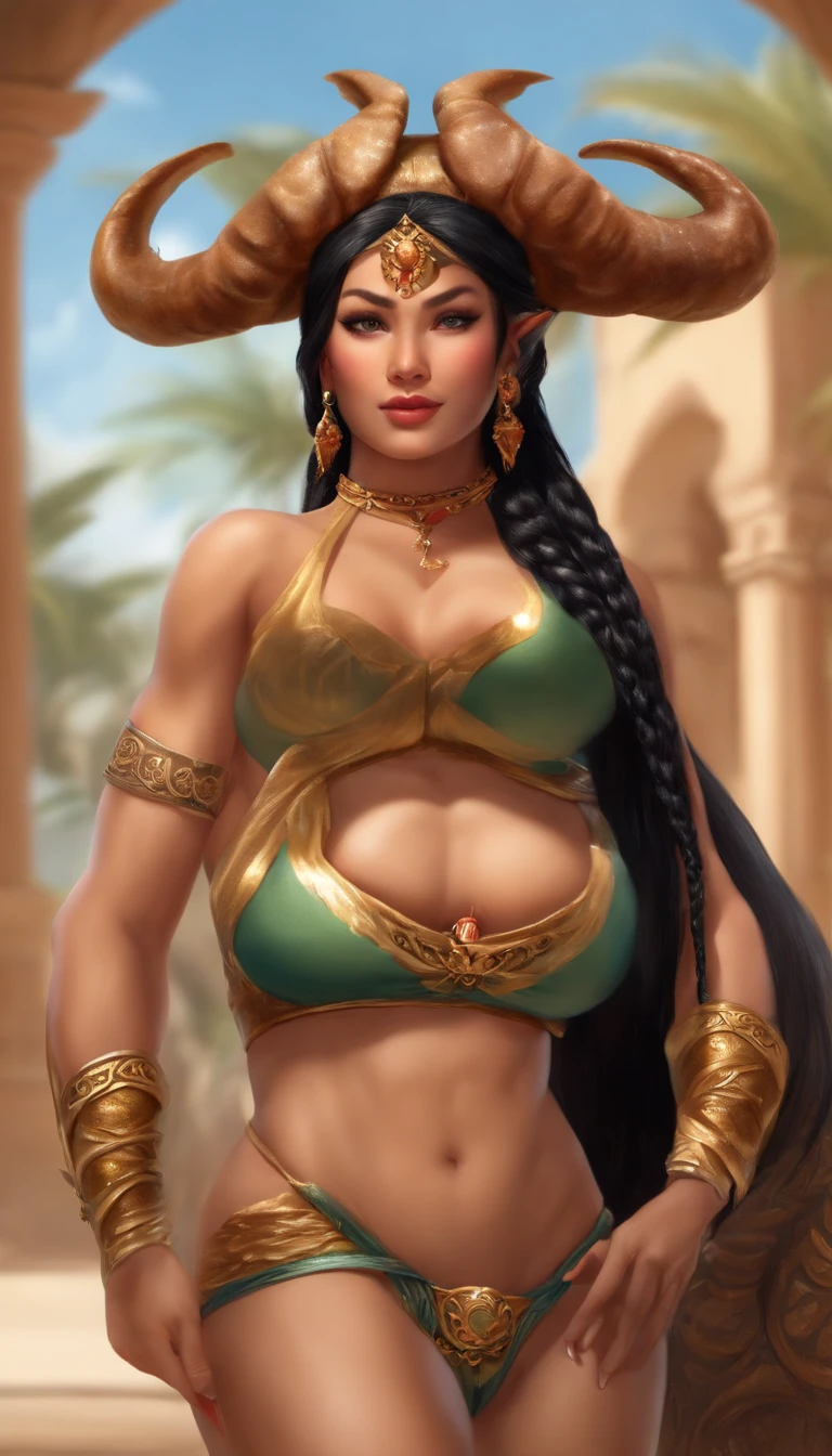 Full body, full-length portrait, ecliptic bikinicore muscular bodybuilder female, wearing a long and pointy felt phrygian cap, anthropomorphic crab costume armor, curvaceous, pin up, sagacious Zu, olive skin, Asian, thick eyebrows, long eyelashes, eyeliner, freckles, long straight nose, thin lips, short weak chin, chubby cheeks, close-set amber eyes, very long straight black hair, multiple braids, braided ponytail, braided bangs, huge cameltoe, fat  lips, (((((armpit hair)))))