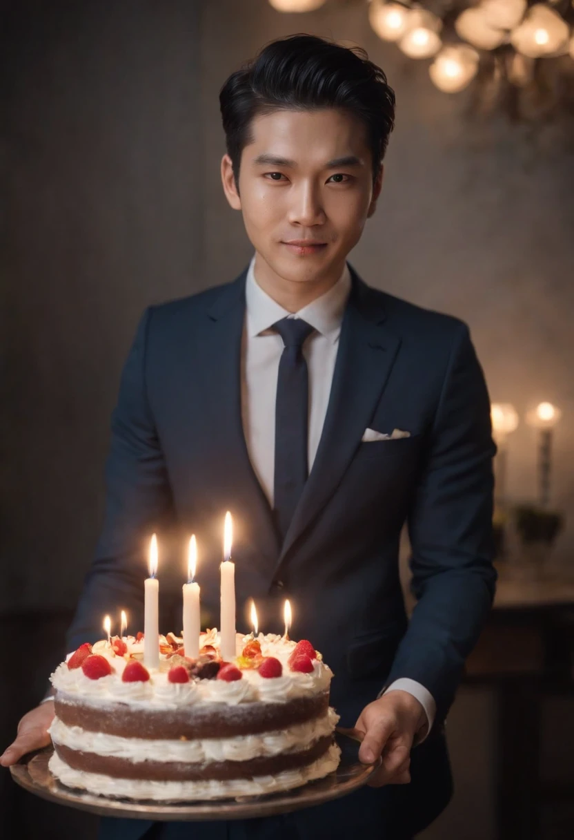 Japan man in Armani suit、(Facing the front1.8)、Holding a whole cake in both hands、A candle is lit on the cake、kindly smile