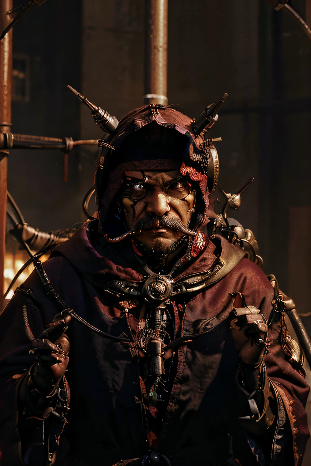 face_portrait, crude, mechanical, adult_male, Japanese, evil, sinister, mustache, mouche, glass_lens_in_right_eye, wires_through_face, wires_in_head, wires_across_head, deformed, stitches_across_face, arrogant, spiteful, bright_purple_robes, dried_blood_in_robes