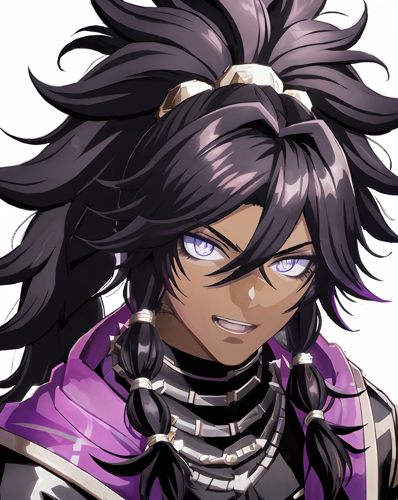 anime character with long hair and purple jacket with a white background, official character art, inspired by Okumura Masanobu, zhongli from genshin impact, mai yoneyama, roguish smirk, hana yata, nefarious smirk, tsurumaki kazuya, hajime yatate