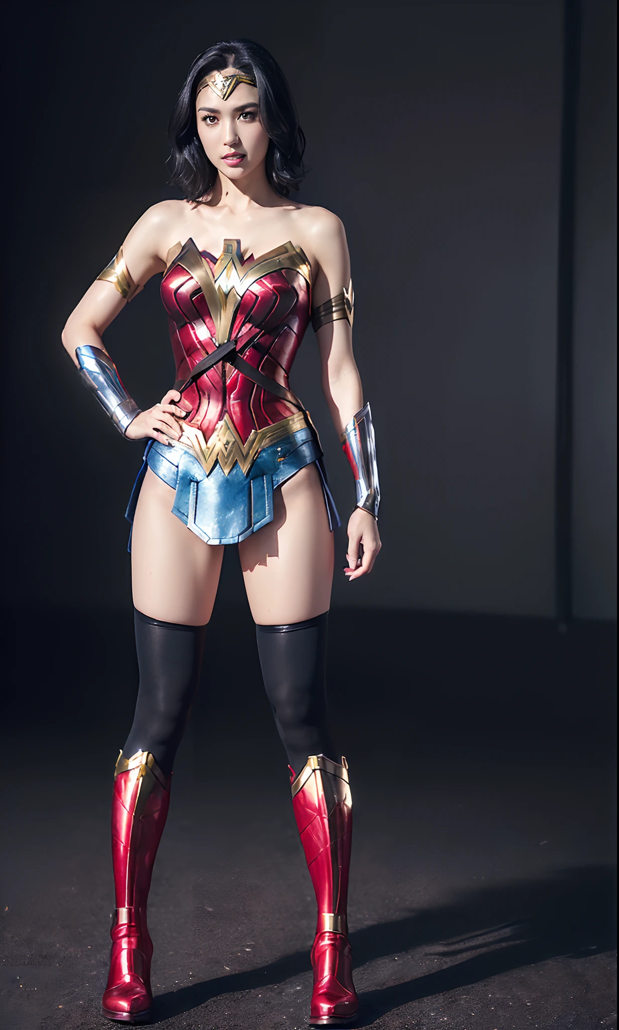 Bishoujo Warrior、(((Wear black tights on your beautiful legs.)))、(((Grow legs、tall、beauty legs)))、(((facial expression of smile)))、((((Make the most of the original image)))、(((Wonder Woman Costume)))、(((shiny short hair)))、(((Suffering)))、(((Feet must necessarily be worn with black tights)))、(((You need to wear red boots)))、((Top image quality、8K))、((top-quality、8K、masterpiece:1.3))、(((Keep your background simple)))、Crisp focus:1.2、Beautiful woman with perfect body shape:1.4、Slender Abs:1.2、a wet body:1.5、Highly detailed facial and skin texture、
