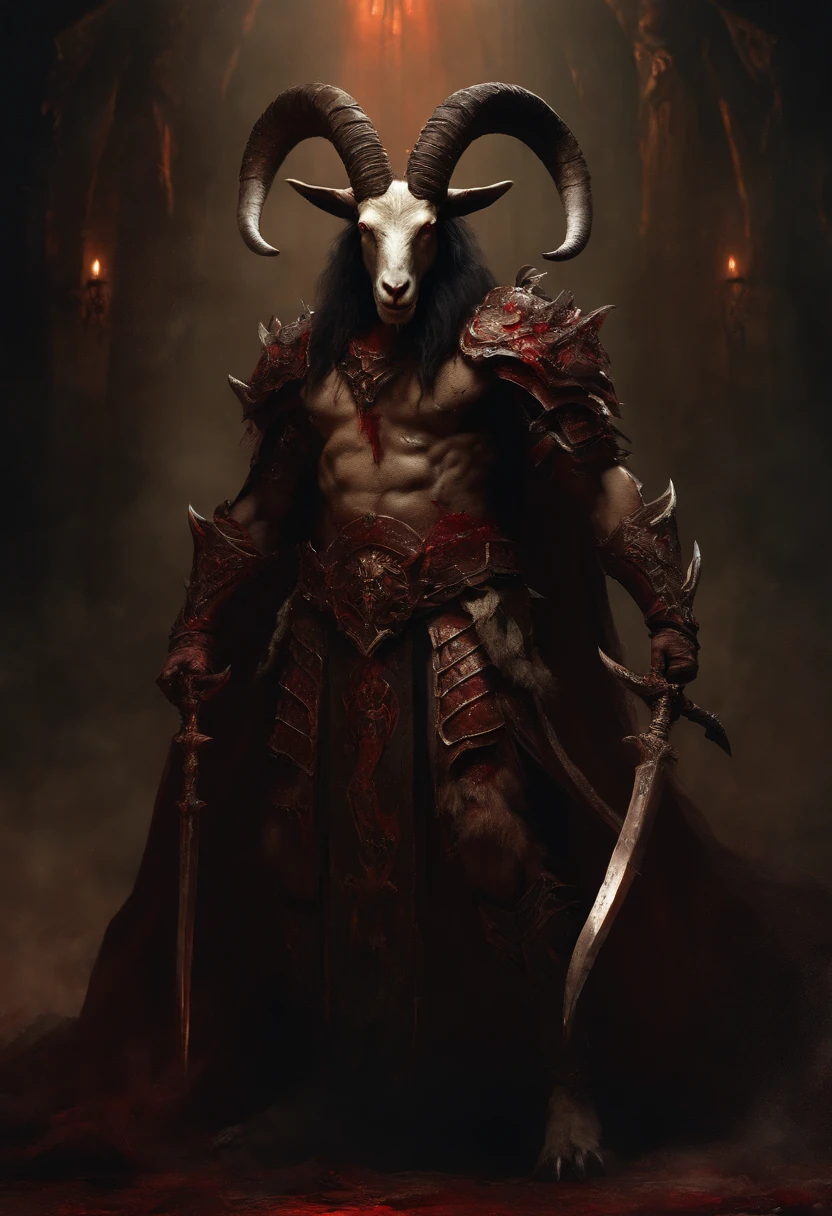 a goat-headed demon with large horns, strong and strong upper body, demon skins, skins, ((claws, wings)), demonic armor, blood splatters, skulls on the ground, standing in a blood ritual, medieval, dark room, dim light, masterpiece, realistic, oil painting