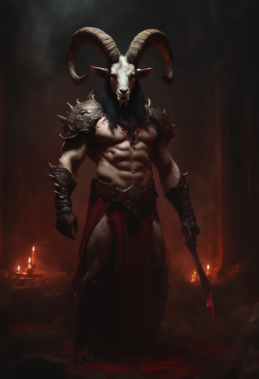 a goat-headed demon with large horns, strong and strong upper body, demon skins, skins, ((claws, wings)), demonic armor, blood splatters, skulls on the ground, standing in a blood ritual, medieval, dark room, dim light, masterpiece, realistic, oil painting