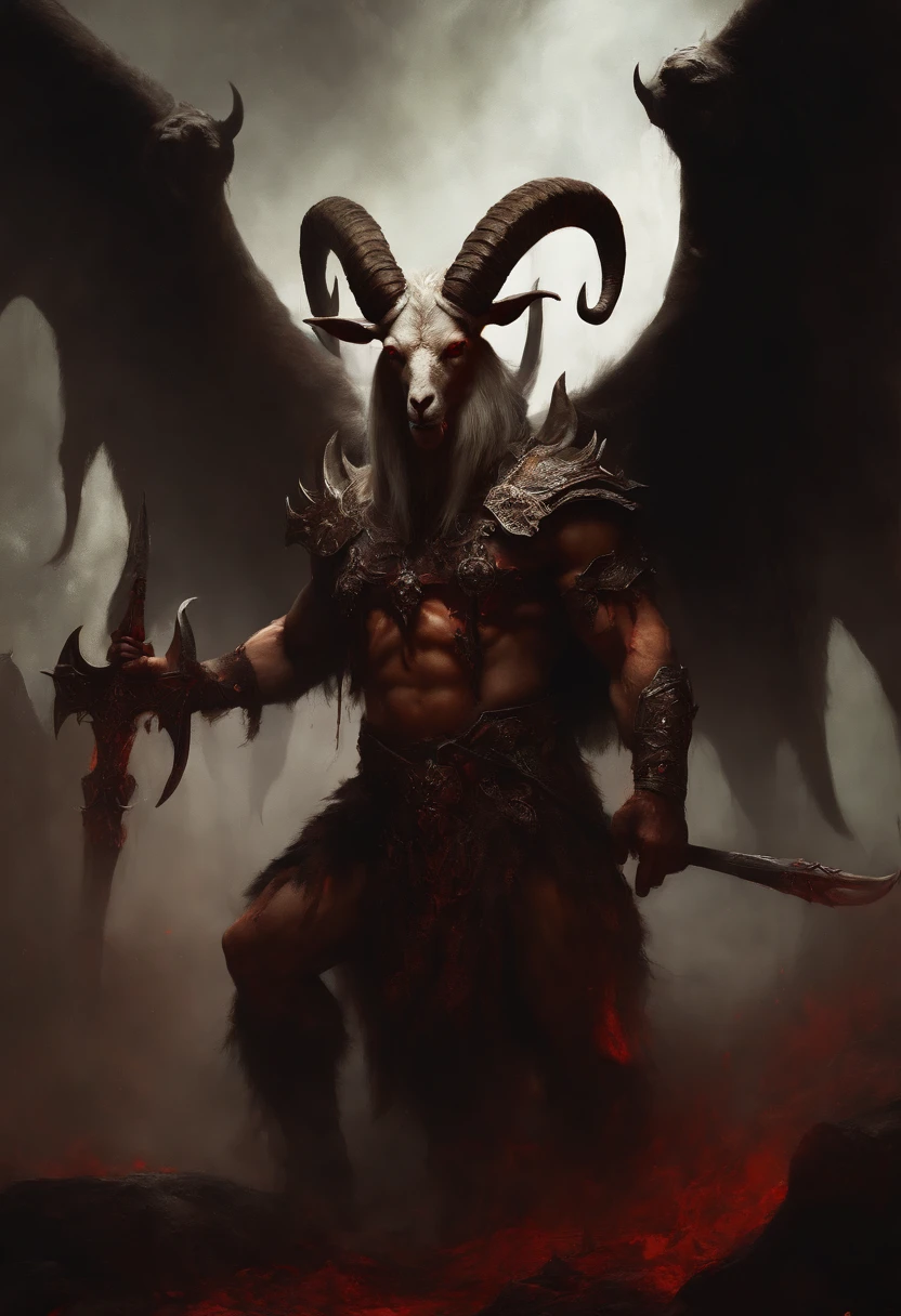 Goat-headed devil with big horns, strong and strong upper body, Devil's Skin, skins, ((toenails, Wings)), demon armor, Blood splatters, Skull on the ground, Stand in a blood ritual, Medieval, Dark room, Dim light, masutepiece, Realistic, Oil Painting