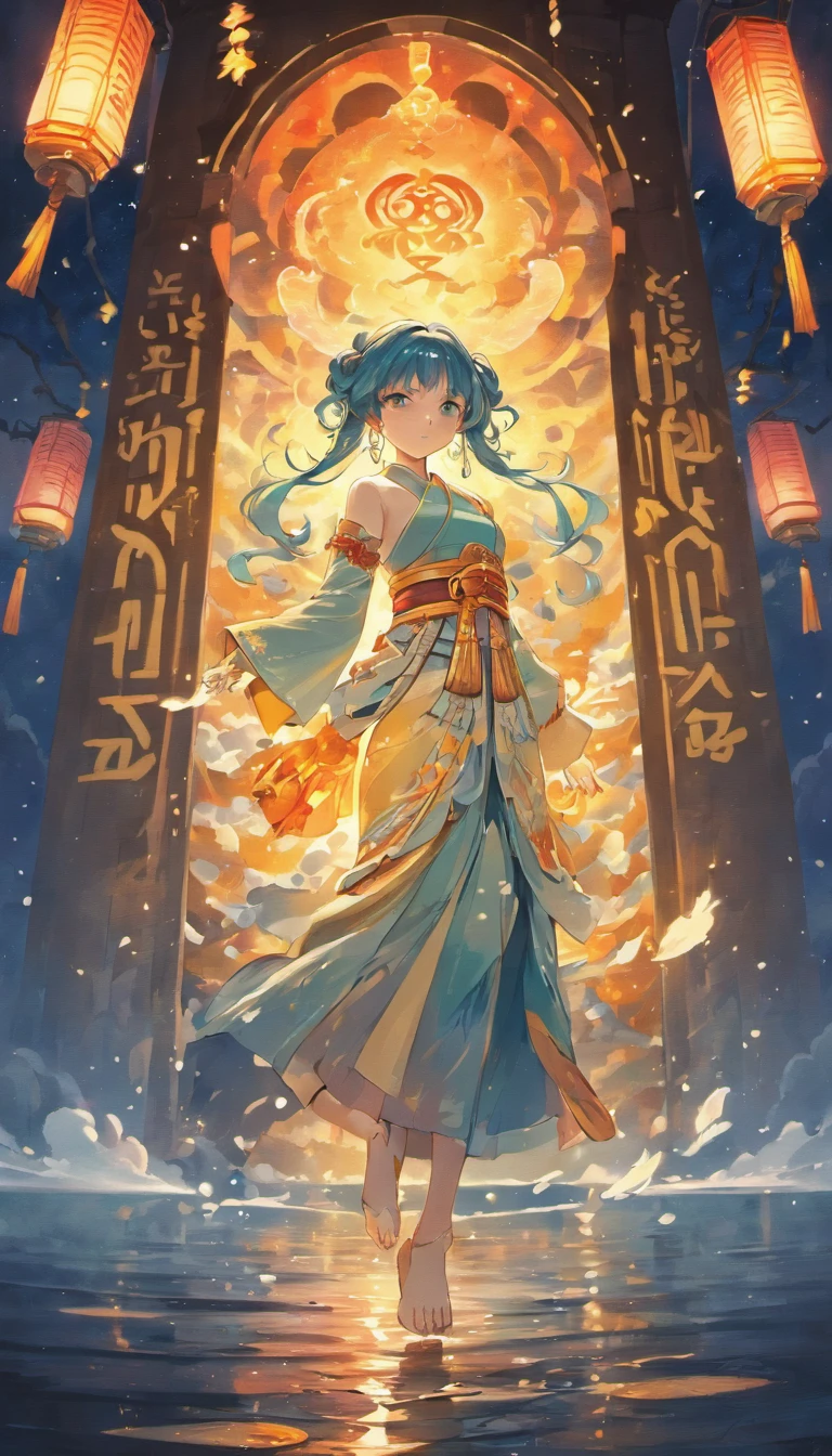 Floating lights, cinematic light and reflections, Glowing lights, Intermediate metaverse elements,Digital painting, glowing reflections, Pondering, Floating lanterns, calm evening, Digital illustration, beautiful ambiance, Sky lights at night, serene evening atmosphere, Floating lanterns, (Kongming Lantern), the night, themoon, game scenes, Ancient Chinese palaces are located above the clouds, surrounded by cloud, Homem-Imponente, glazed tiles, BUDDHA STATUE, gorgeous color, In the foreground are three arches((Color ink)), ( (Splash ink ) ), ((Splash ink) ink})), tmasterpiece, high qulity, Beautiful graphics, high detal