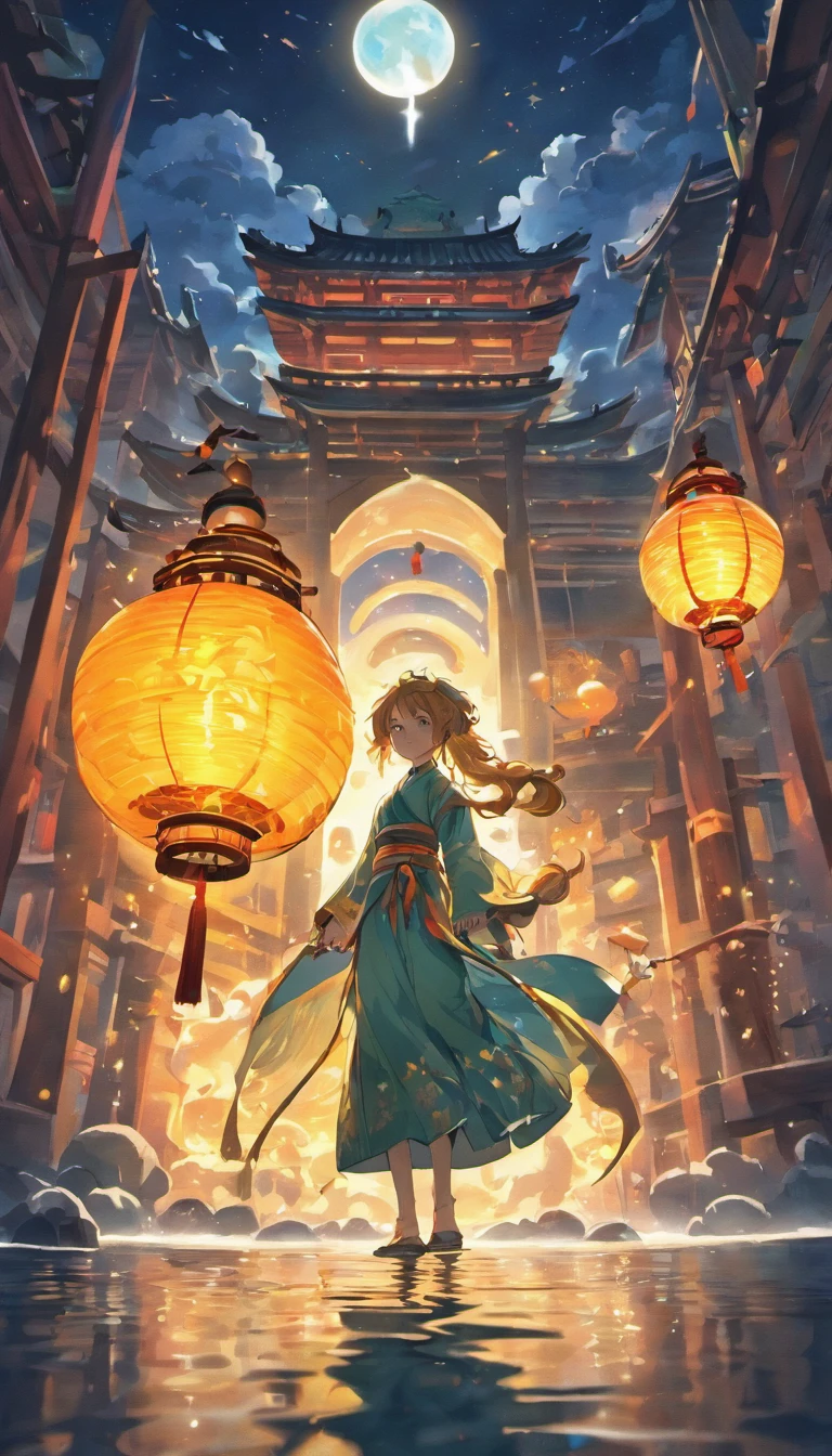 Floating lights, cinematic light and reflections, Glowing lights, Intermediate metaverse elements,Digital painting, glowing reflections, Pondering, Floating lanterns, calm evening, Digital illustration, beautiful ambiance, Sky lights at night, serene evening atmosphere, Floating lanterns, (Kongming Lantern), the night, themoon, game scenes, Ancient Chinese palaces are located above the clouds, surrounded by cloud, Homem-Imponente, glazed tiles, BUDDHA STATUE, gorgeous color, In the foreground are three arches((Color ink)), ( (Splash ink ) ), ((Splash ink) ink})), tmasterpiece, high qulity, Beautiful graphics, high detal