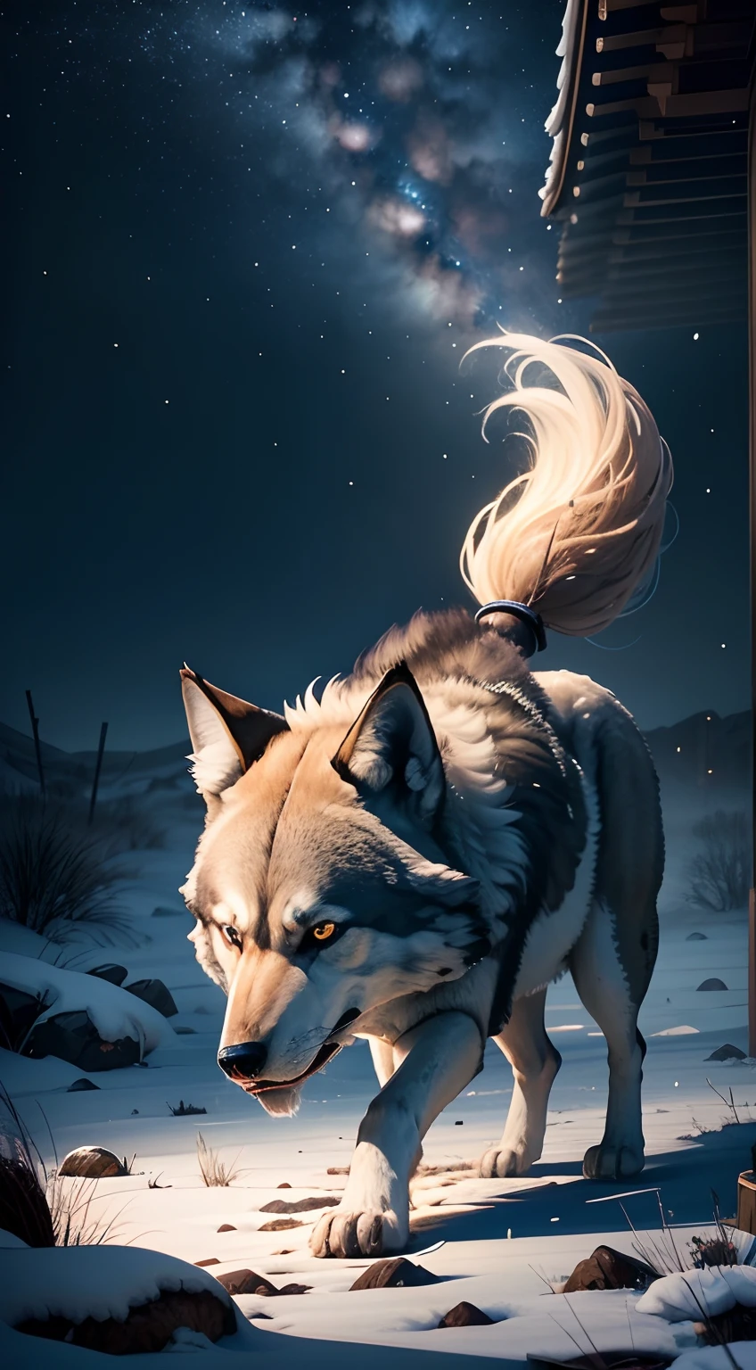 Strong wolf，中景 the scene is，（Full body appearance），Admire the night sky，standing on your feet，Roared，Rush into the night sky，Delicate depiction of hair，（Extremely detailed depiction of the wolf's body），Empty night sky，Transparent Nebula，pagoda，Auspicious clouds，The huge full moon shines brightly，Endless savannah，（Snowflakes flying），Empty visuals，ultra-wide-angle，Winter tones，light and shadow effect，Light particle tracing，rendering by octane，Movie lighting，Surreal landscape，clear contour light，rim-light，fanciful，（8K分辨率），spotlight lights，Masterpiece，Master painting，photorealestic，realisticlying