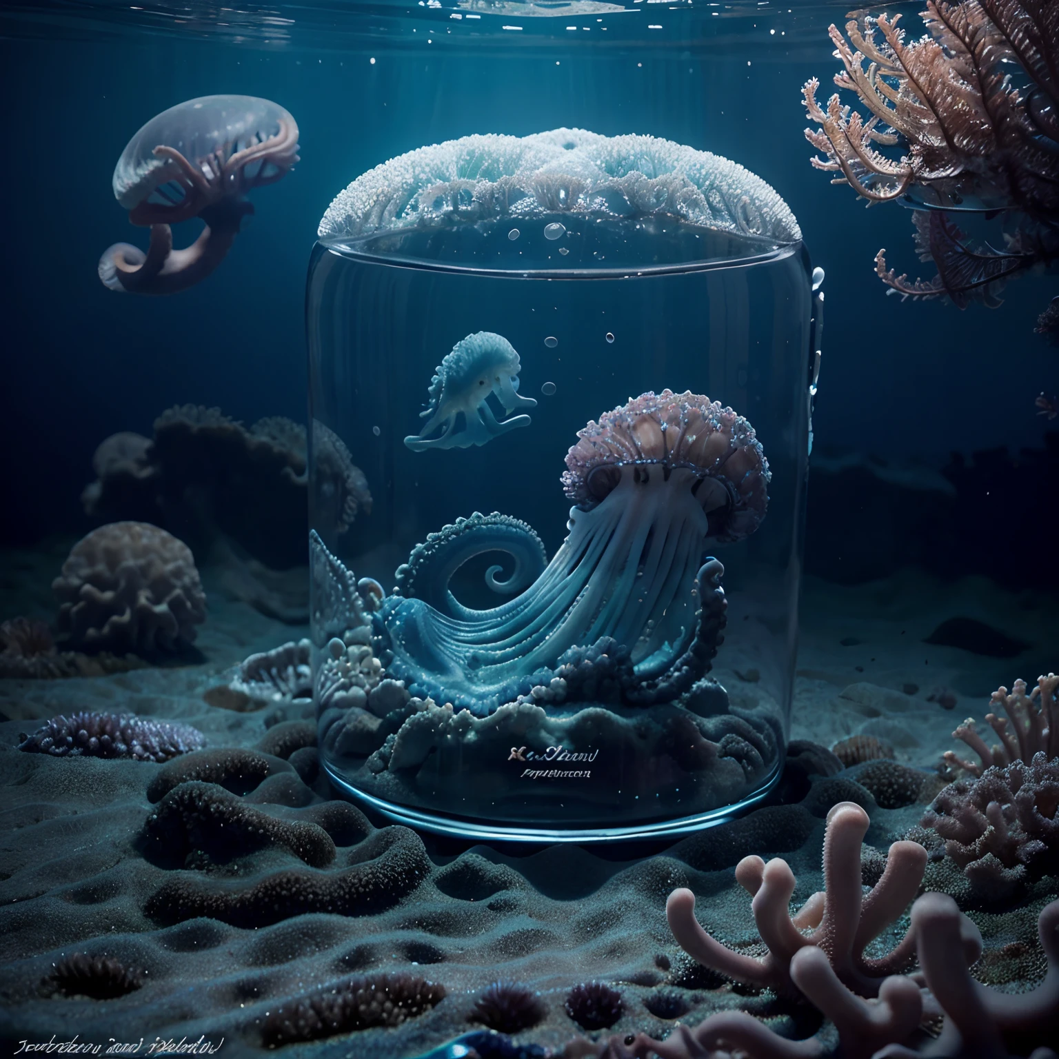 k hd，the detail，Beautiful seabed，Sateen，jelly fish，coloured with lots of colour，an octopus，Very attractive，Cool feeling，Clear sea，Photorealistic photos，depth of fields