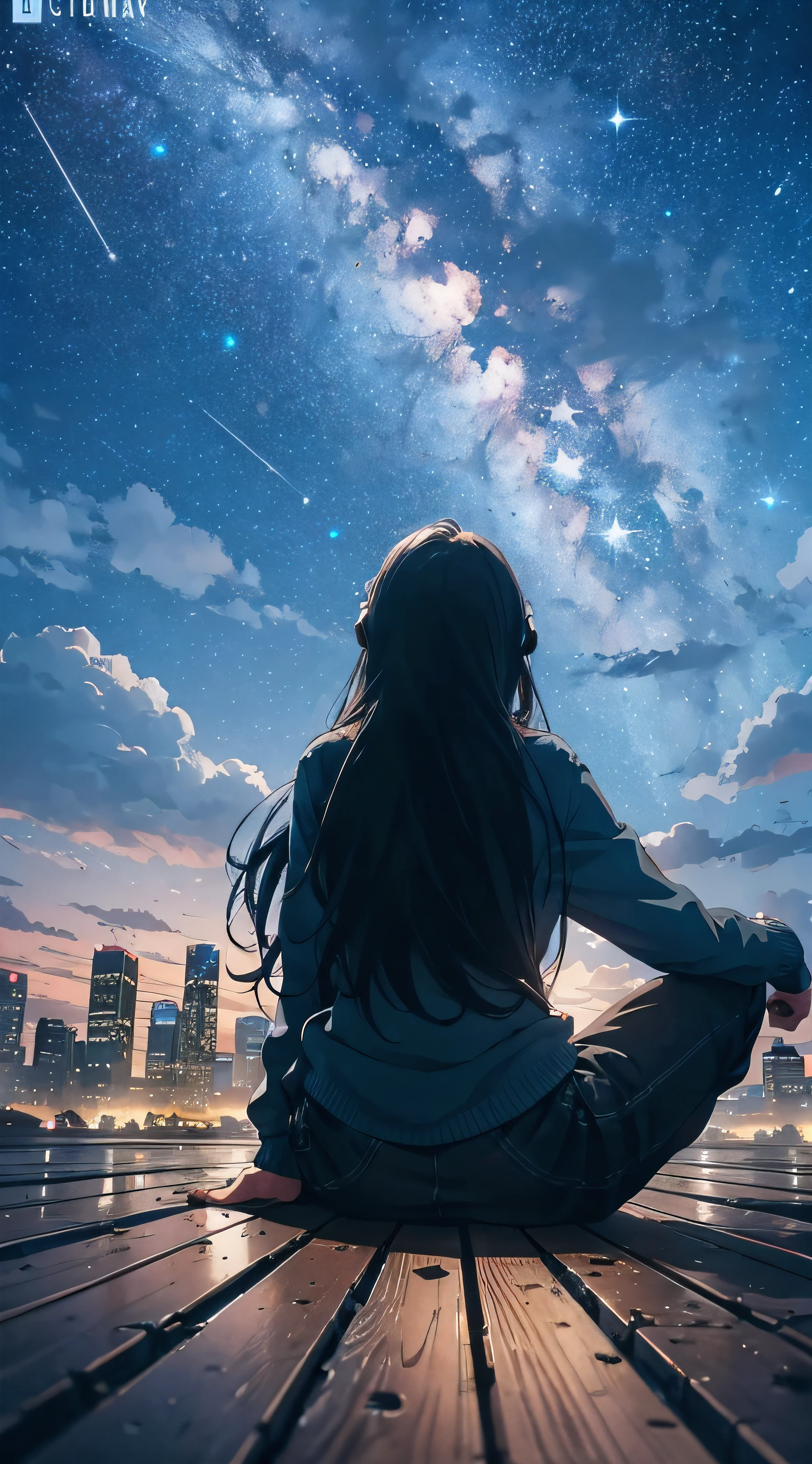 A woman sitting on a dock looking at the sky with a city in the ...