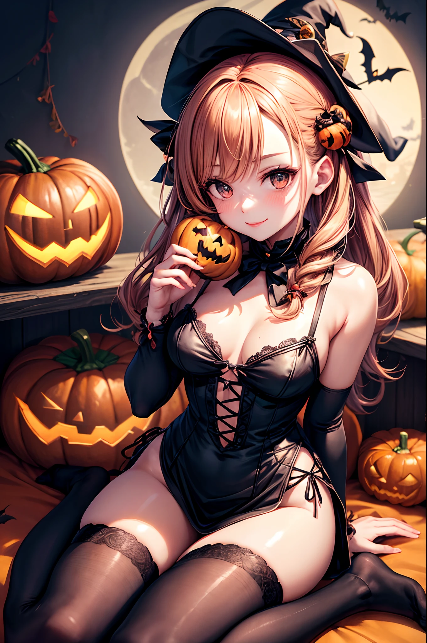 Holding a peropero candy in your hand, high resolution, 1girl, Describes the background extensively, Holding a big piece of candy in your hand, Candy in the shape of a candy cane held in the hand, wariza, blush, magical girl, bobbed hair, solo, witch, half-closed eye, Halloween, lipstick, witch hat, smile, Bat wings on back, Box of candy, Wear black knee-high socks that go all the way up to the thigh., hair behind ear, Halloween Pumpkins, x hair ornament, hair dyed brown, Pumpkin candles, moonlight, Sitting on a Halloween Pumpkin, anime style, dutch angle, best quality, super detail, textured skin, UHD, 4K