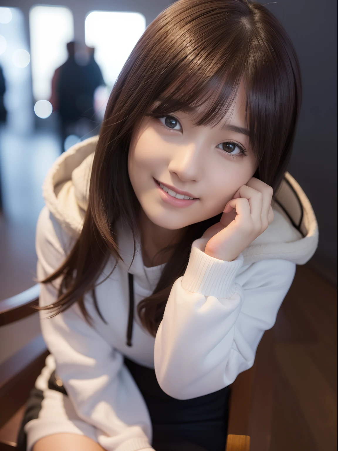 top-quality、​masterpiece、1 girl in、Blonde hairer、Black eye、a miniskirt、on tokyo street、A city scape、The upper part of the body、a closeup、A smile、、(8K、Raw photography、top-quality、​masterpiece:1.2)、(realisitic、photoRealstic:1.37)、Highly detailed eyelash drawing、(((Top image quality))),small tit、Fine skin, (Beautiful hair), top-quality、hight resolution、Happy smile、Happy smile、Standing、a miniskirt、Autumn outfit、nightcity、Autumn outfit、Best Quality,masutepiece,hight resolution,Beautiful eyes,Detailed background,[Backlighting],(Face lighting),[Close View:0.8],(8K、Raw photography、top-quality、​masterpiece:1.2)、(realisitic、Photorealsitic:1.37)、ultra-detailliert、profetional lighting、Sony A7R4、Zessie 50mm f1.8、Rembrandt lighting（Rembrandt lighting）、Autumn outfit、Colorful jumper、with spreading legs、pony tail hairstyle、Winter clothes、snowflakes falling、Please wear a hooded coat、Neon Street at Night、burst into laughter、Office Lady Uniform、Sit in a chair