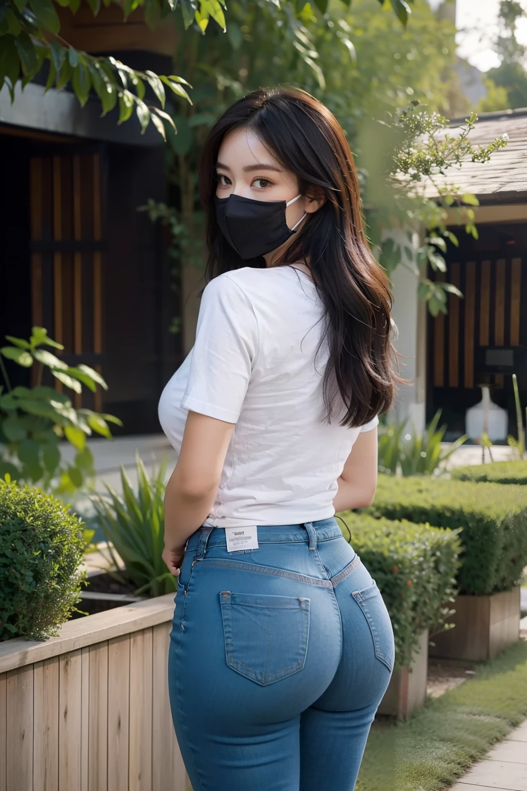 Beautiful woman in skinny jeans,tee shirt,Plump buttocks,The front is charming,wearing face mask,on the garden