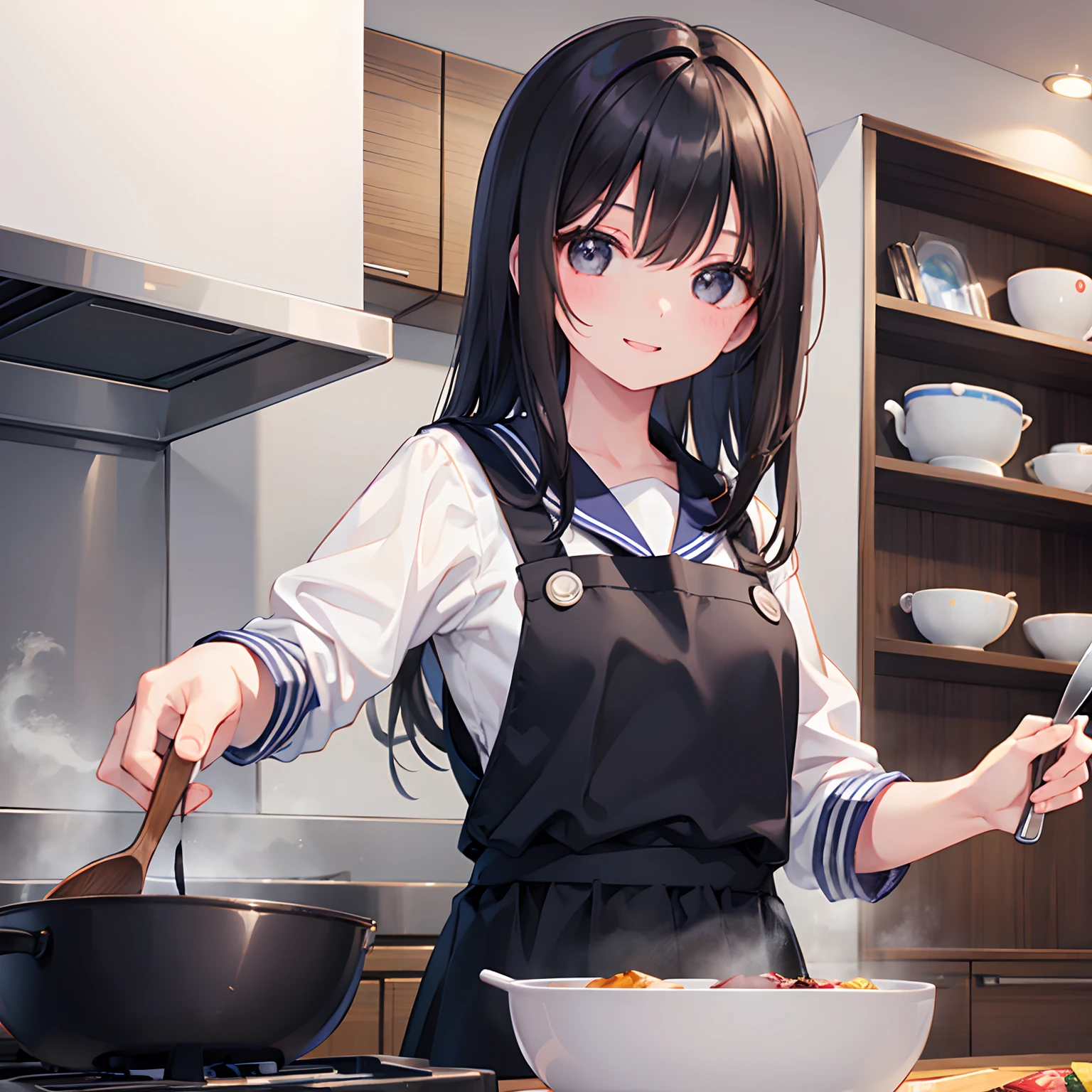 girl with、1 persons、Dark hair、Black eyes、length hair、Cheerful smile、huge smile、Pupils、a sailor suit、Duan、kitchin、pinafore、Cooking、Holding a spoon