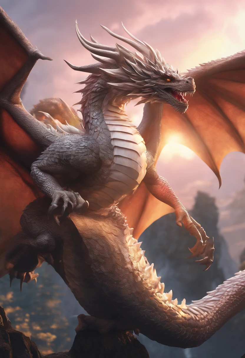 " Image of a realistic Dragon, Criatura fabulosa, Dragon with 5 heads on the same body, with different colors and aspects of the heads." Ultra realista, 16k. No fundo uma montanha de gelo, Alto contraste, cores vibrantes, atmosfera surreal, Mysterious setting, olhar intenso, dramatic lighting, dynamic compositing.