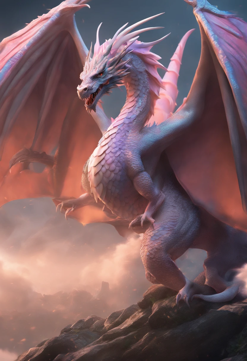 (best quality,highres),(realistic:1.37),(dark,moody) dragon fantasy scene,breath-taking illustration of a majestic dragon and werna,exquisitely detailed scales and textures of the dragon's body,impressive black sclera eyes staring directly into the viewer's soul,captivating point of view from a breathtaking bath scene,hyper-realistic portrayal of voluptuous curves and hyper breasts,detailed and alluring portrayal of ,mesmerizing wings gracefully extending from the dragon's back,ivory white body contrasting with the dark background,pearlescent white skin with a smooth and flawless texture,ethereal white wings extending majestically,delicate hints of pink on the adding a touch of sensuality,pink tastefully depicted with artistic elegance,dark and dramatic lighting enhancing the mysterious atmosphere,