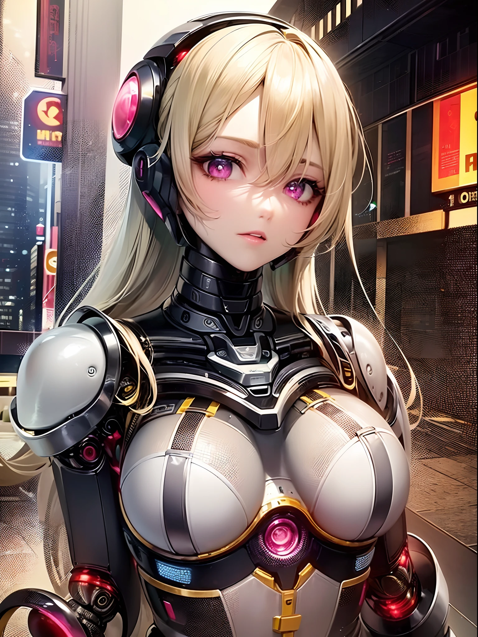 ((Finest quality)),(超A high resolution),(ultra-detailliert),(Meticulous portrayal),((Best CG)),(Finest works of art),Ultra-Precision Art,The art of astounding depiction, Cyber City:1.8,neons,Cyber City Street, (Female robot:1.8),Sharp face:1.5,Sharp form:1.5,Calm coloring:1.3,((Exposed core:1.8))
