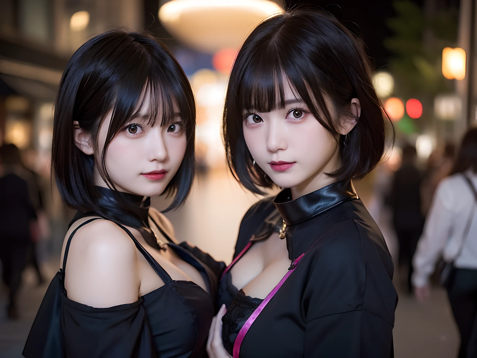 (top-quality,8K,​masterpiece:1.3),(超A high resolution,Photorealsitic:1.4,RAW shooting),(ultra-detailliert,Caustics,perfect anatomia),(hyper detailed background,Ultra-realistic capture,beautifully detailed eyes),(Scramble crossing in Shibuya:1.1),Halloween Decorations,sexy  pose,witch outfit,Two girls with short and medium hair,japanes,20yr old,kawaii,pretty black hair,large boob,Staring at this,Naughty look, natta,Dynamic lighting,Gaze from below