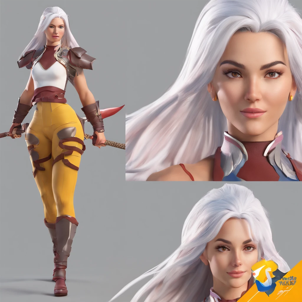 woman fighter with a white hair, detailed full body concept, front and back and side of the same character( ( character concept art ) ), simple background.