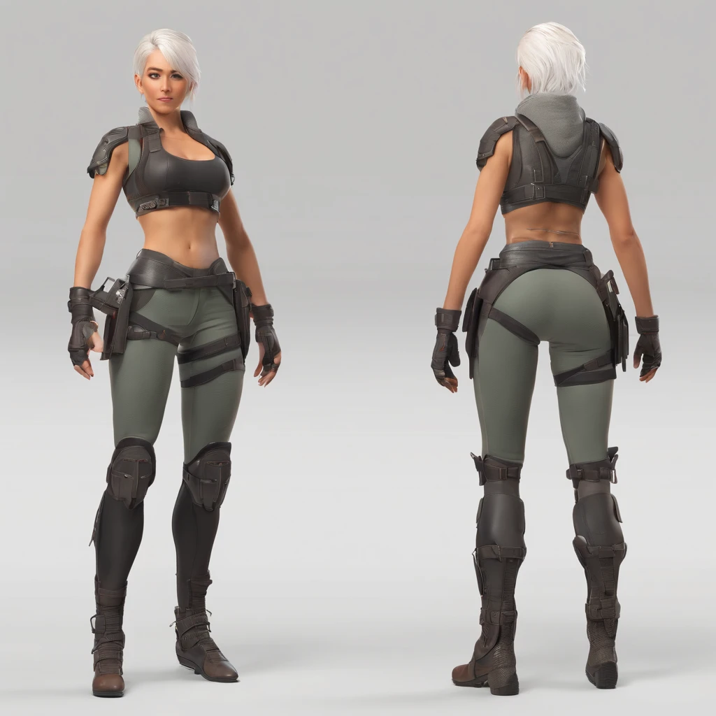 woman fighter with a white hair, detailed full body concept, front and back and side of the same character( ( character concept art ) ), simple background.