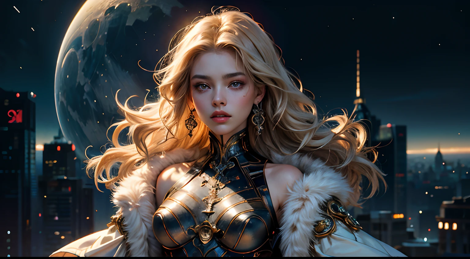 (masterpiece, top quality, best quality, official art, beautiful and aesthetic:1.2), extreme detailed,(fractal art:1.3),colorful,highest detailed, (1girl), masterpiece, highest quality, (solo focus), (perfect face:1.1), (high detail:1.1), (hyper detailed eyes), dramatic, (1guy:0.5), (pale skin), long blonde hair, ethereal eyes, (light eyebrows), solo, long hair, Jordan Barrett, moon, night, white luxury suit, covered navel, pouty lips, fur, proud expression, futuristic city, detailed background, art by artgerm, cinematic lighting, roses, fashion, BalenciagaStyle