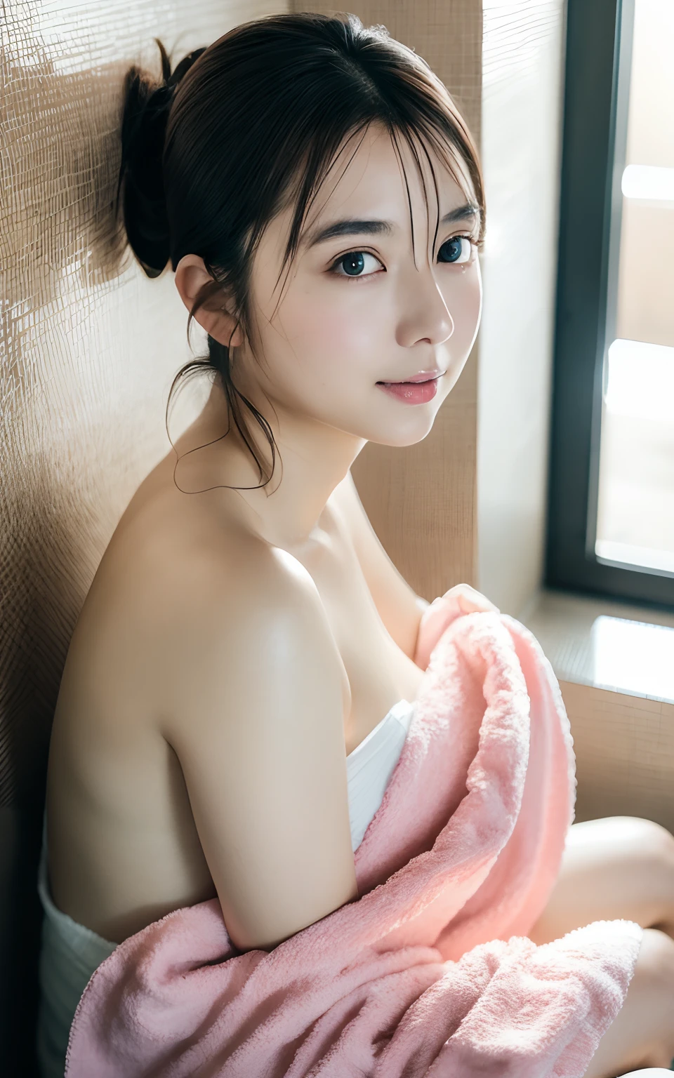 Highly detailed CG Unity 8k wallpaper, With the highest quality, super detailed, master piece, Realistic, photos realistic, extremely detailed cute girl, 25 years old, blush,, Round eyes, medium breasts, looking viewer, Half body shot , Towel , Bathroom, Sitting ,