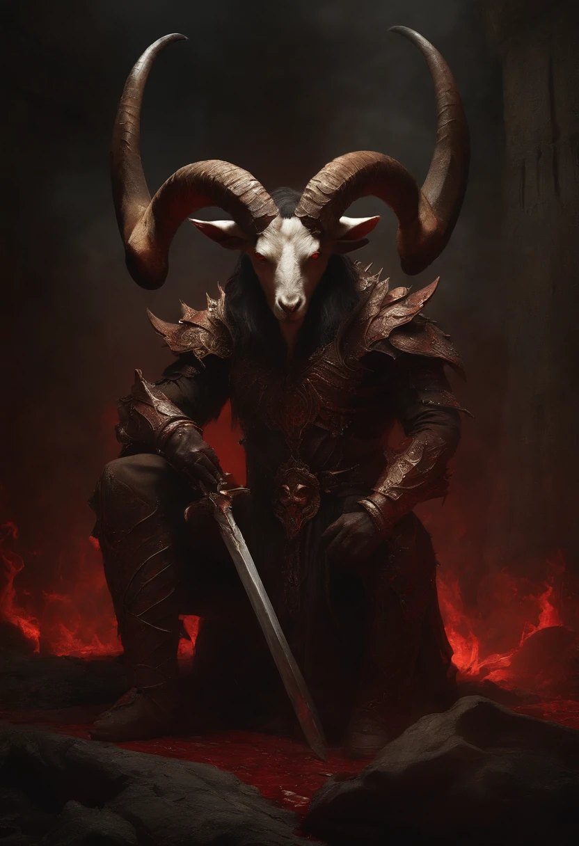 a goat-headed demon with large horns, strong and strong upper body, demon skins, skins, ((claws, wings)), demonic armor, blood splatters, skulls on the ground, standing in a blood ritual, medieval, dark room, dim light, masterpiece, realistic, oil painting