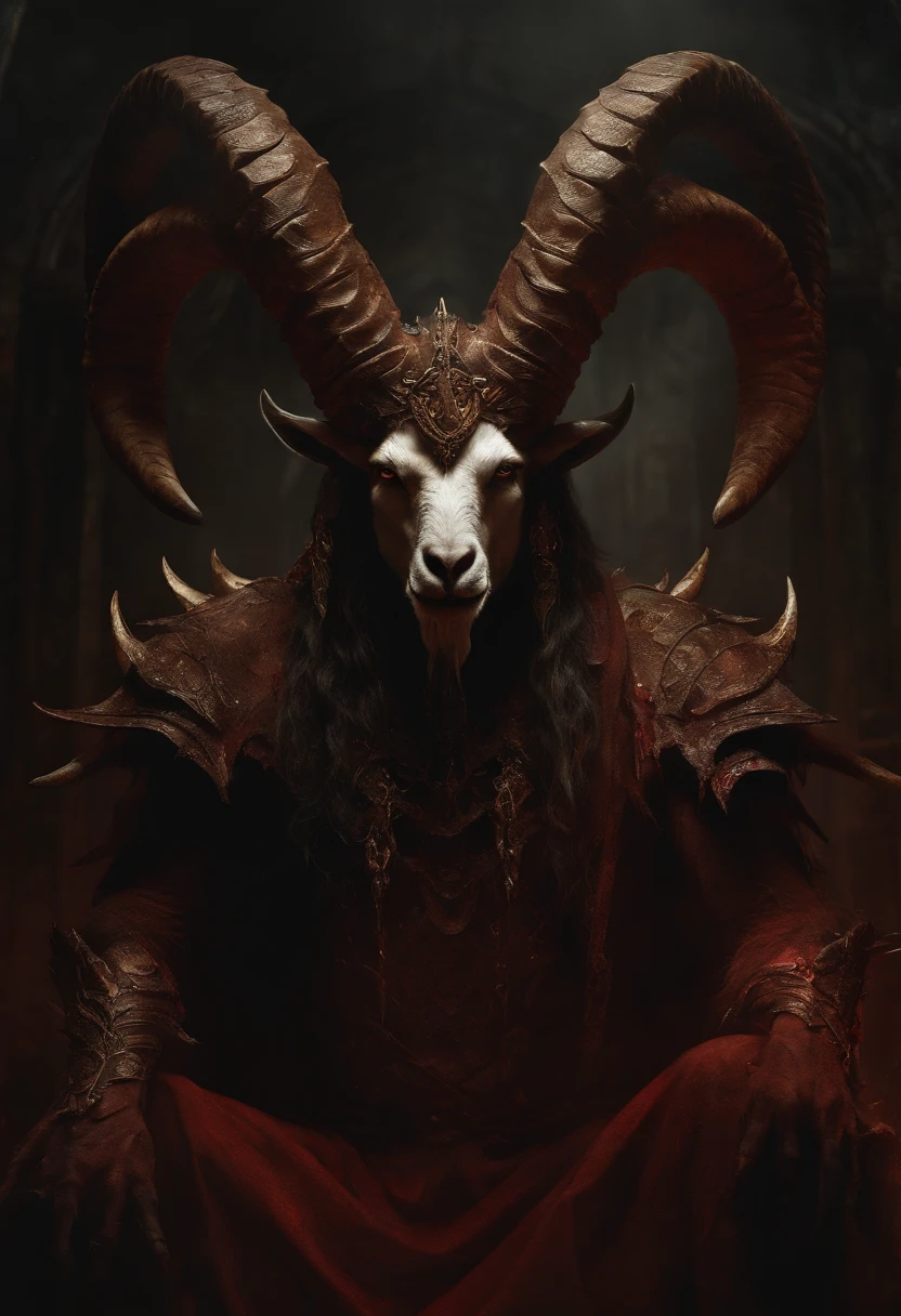 a goat-headed demon with large horns, strong and strong upper body, demon skins, skins, ((claws, wings)), demonic armor, blood splatters, skulls on the ground, standing in a blood ritual, medieval, dark room, dim light, masterpiece, realistic, oil painting