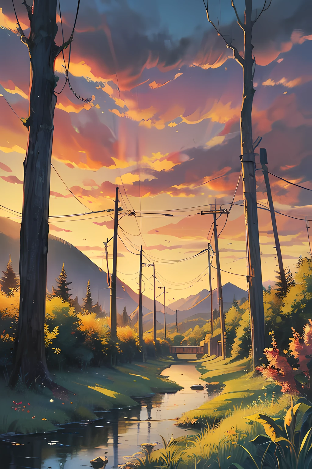 A simple and beautiful landscape painting, based on "dead vines, old trees, faint crows, small bridges and flowing water", the picture shows the ancient road and thin horse in the distance, the sunset is west, gradually disappearing between the mountains and forests, making people feel a feeling of a broken intestine in the end of the world. The picture is rich in details, the image is full of color, the overall atmosphere is poignant and far-reaching, and the poetry and painting reflect each other, full of literary artistic conception. --auto --s2