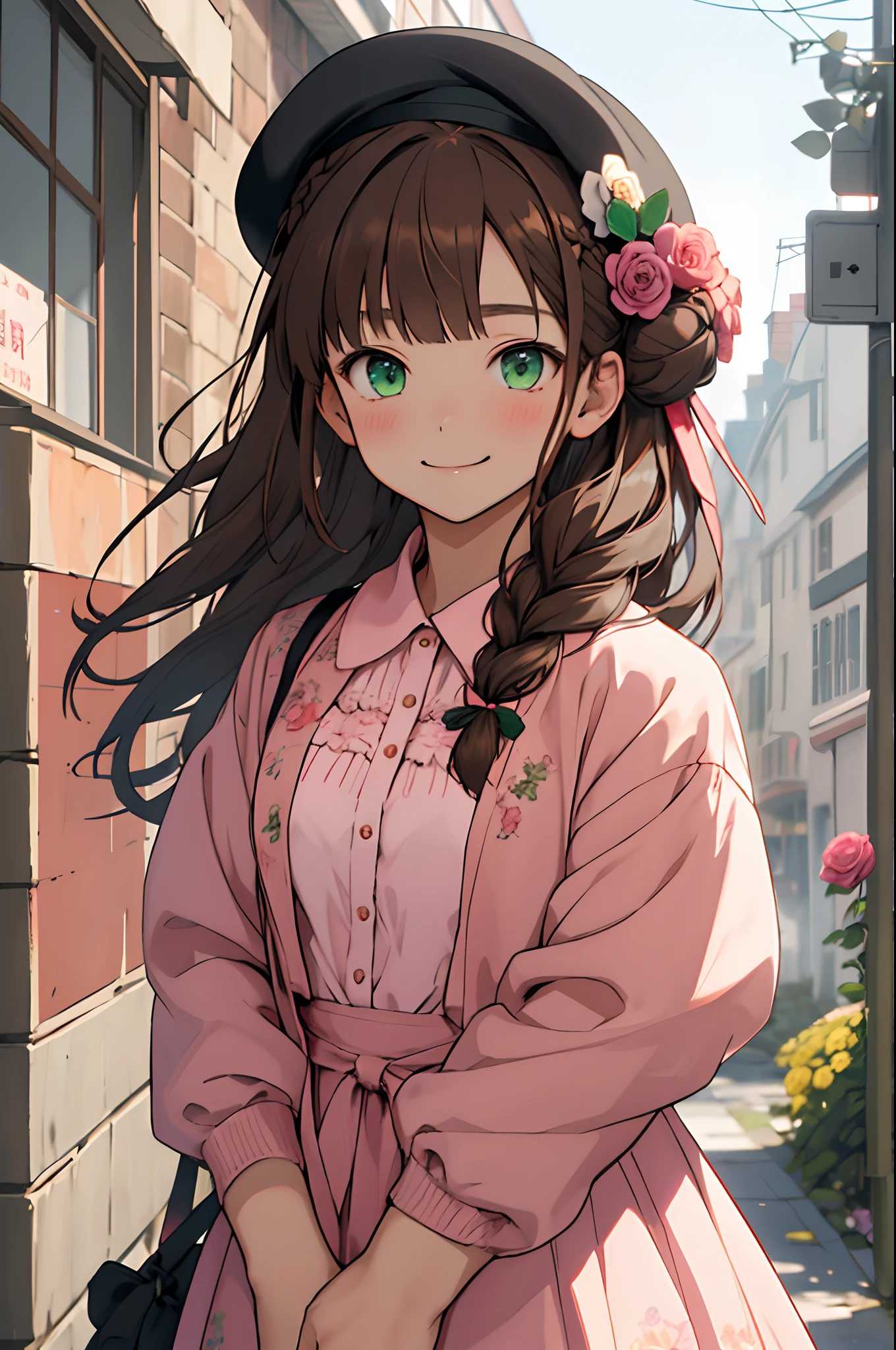 (masterpiece, best quality)
HeroineAmnesiaAnime, 1girl, solo, long hair, looking at viewer, smile, bangs, brown hair, shirt, hair ornament, long sleeves, hat, dress, ribbon, closed mouth, green eyes, jacket, upper body, braid, flower, hair flower, hair bun, star (symbol), black headwear, rose, beret, pink flower, hat flower, pink rose