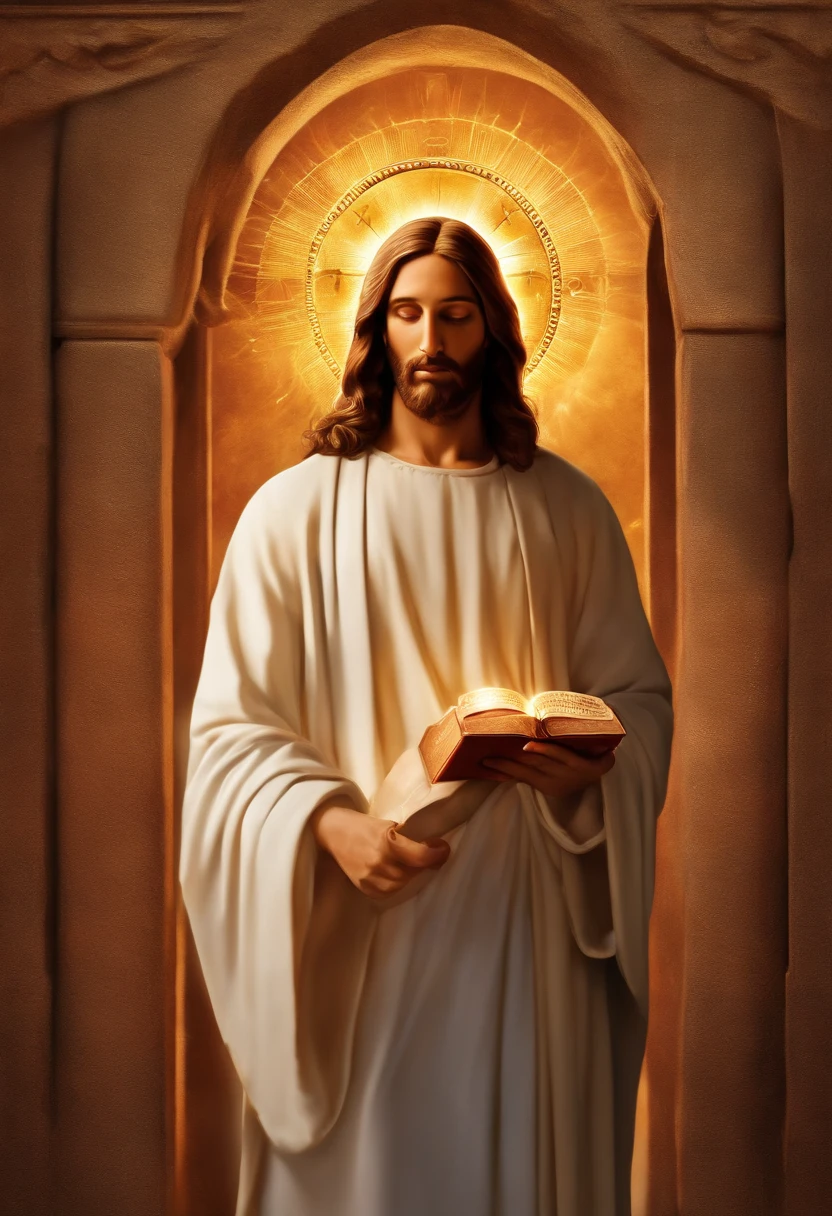 Create an artistic representation of Jesus with simplified features, one obtained from coins held out in one hand and an open Bible in the other, in a style that conveys a sense of spirituality and prosperity. Use vibrant, stylized colors to capture the essence of the scene
