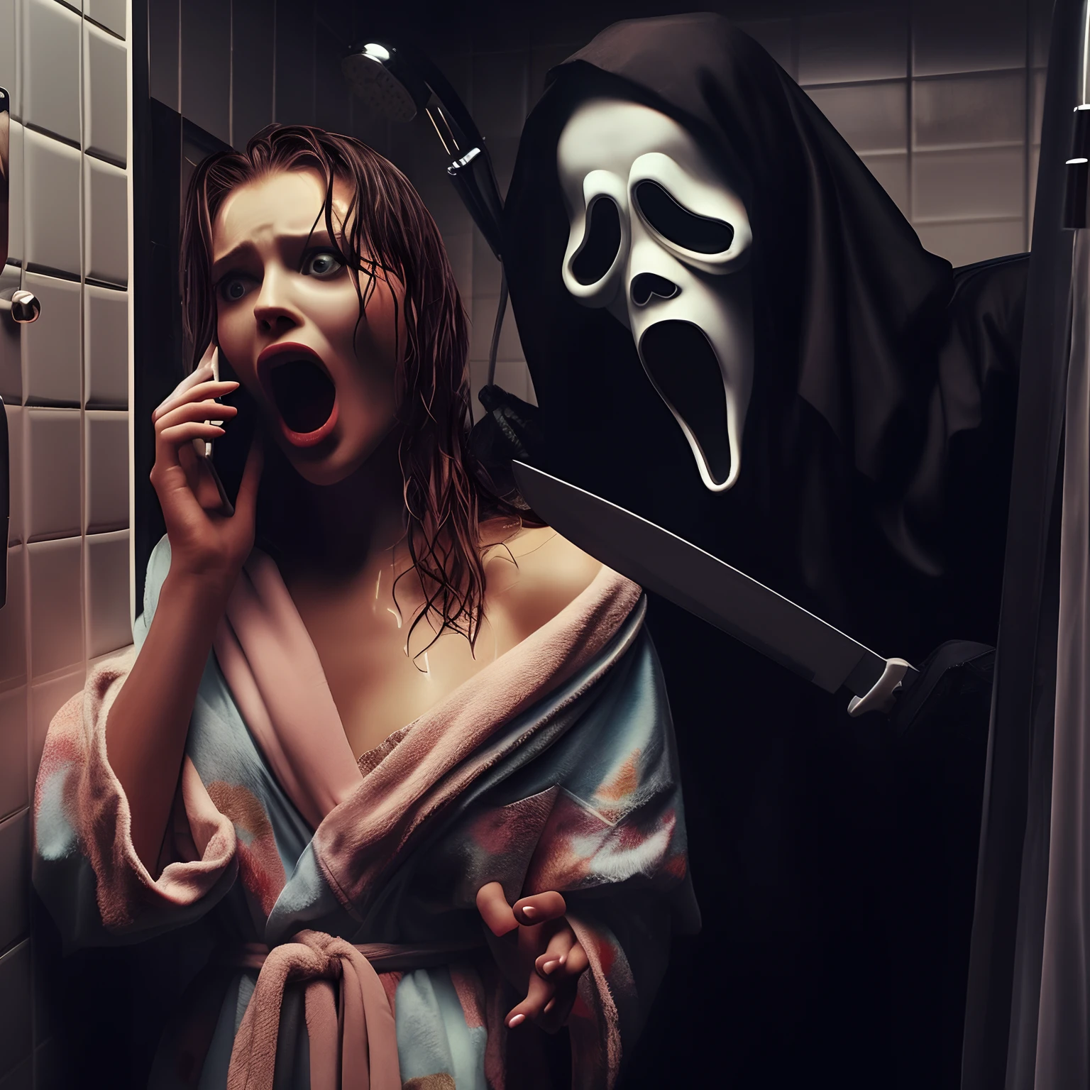 masterpiece, 8K, UHD, best quality, official art, photo-realistic, digital image, art, young woman, house, dressing gown, after shower, unsuspectingly, cheerfully talking, phone, Ghostface maniac, Scream film, horror, black humor, knife, raised high, preparing to attack, detailed, intricate details, vibrant, cool colors, intense emotion, sharp contrasts, side view, looking at viewer, diagonal shot, dynamic angle, trending on artstation, unique touches, mid-swing, zoomed out, extreme close-up, top-down perspective