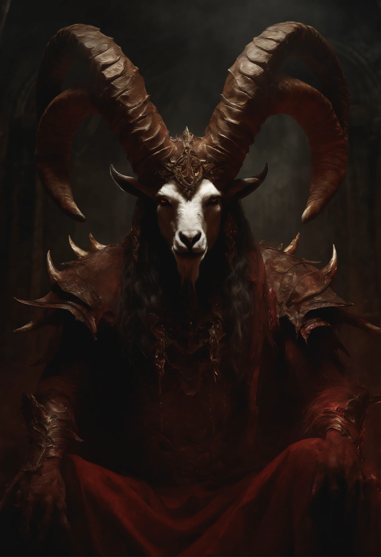 a goat-headed demon with large horns, strong and strong upper body, demon skins, skins, ((claws, wings)), demonic armor, blood splatters, skulls on the ground, standing in a blood ritual, medieval, dark room, dim light, masterpiece, realistic, oil painting