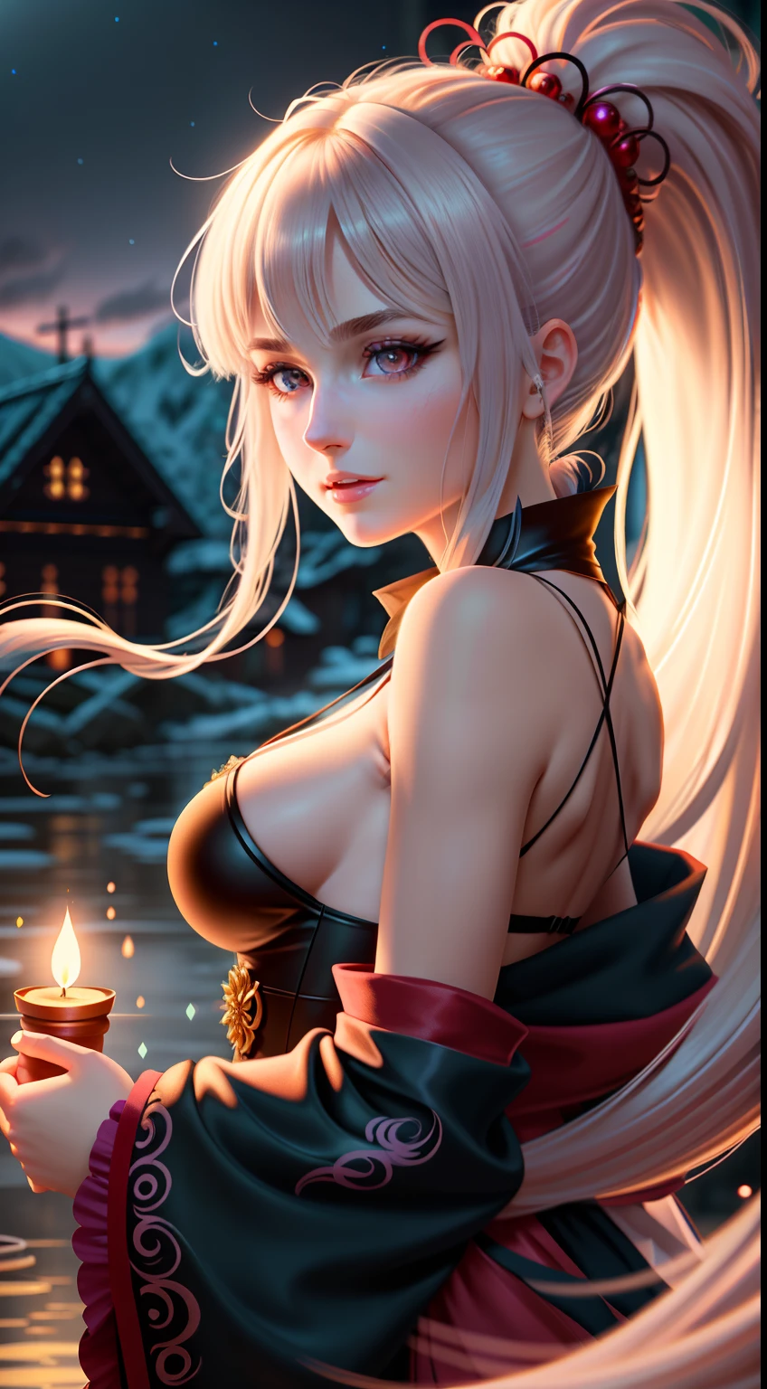(extremely detailed CG octane render 8k wallpaper)The personification of the inugami in the form of a women, highlighted long hair, anime style, ponytail, epic intricate scene, happy, focus on face, (a medium shot of a perfect eyes), dynamic pose, epic realistic, faded, complex stuff around, intricate landscape in the background, (Jim Henson's labyrinth), detailed illustration by MSchiffer, zoomed, hit definition, contrasting colors, RAW, 32k resolution, best quality, volumetric lighting, intricate details, very high saturation