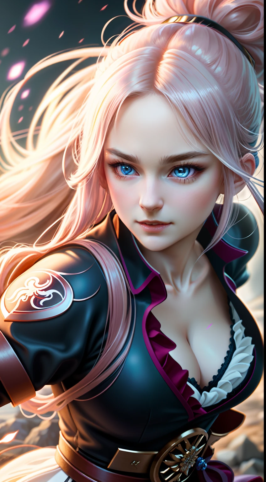 (extremely detailed CG octane render 8k wallpaper)The personification of the inugami in the form of a women, highlighted long hair, anime style, ponytail, epic intricate scene, happy, focus on face, (a action shot of a perfect eyes), dynamic pose, epic realistic, faded, complex stuff around, intricate landscape in the background, (Jim Henson's labyrinth), detailed illustration by MSchiffer, zoomed, hit definition, contrasting colors, RAW, 32k resolution, best quality, volumetric lighting, intricate details, very high saturation