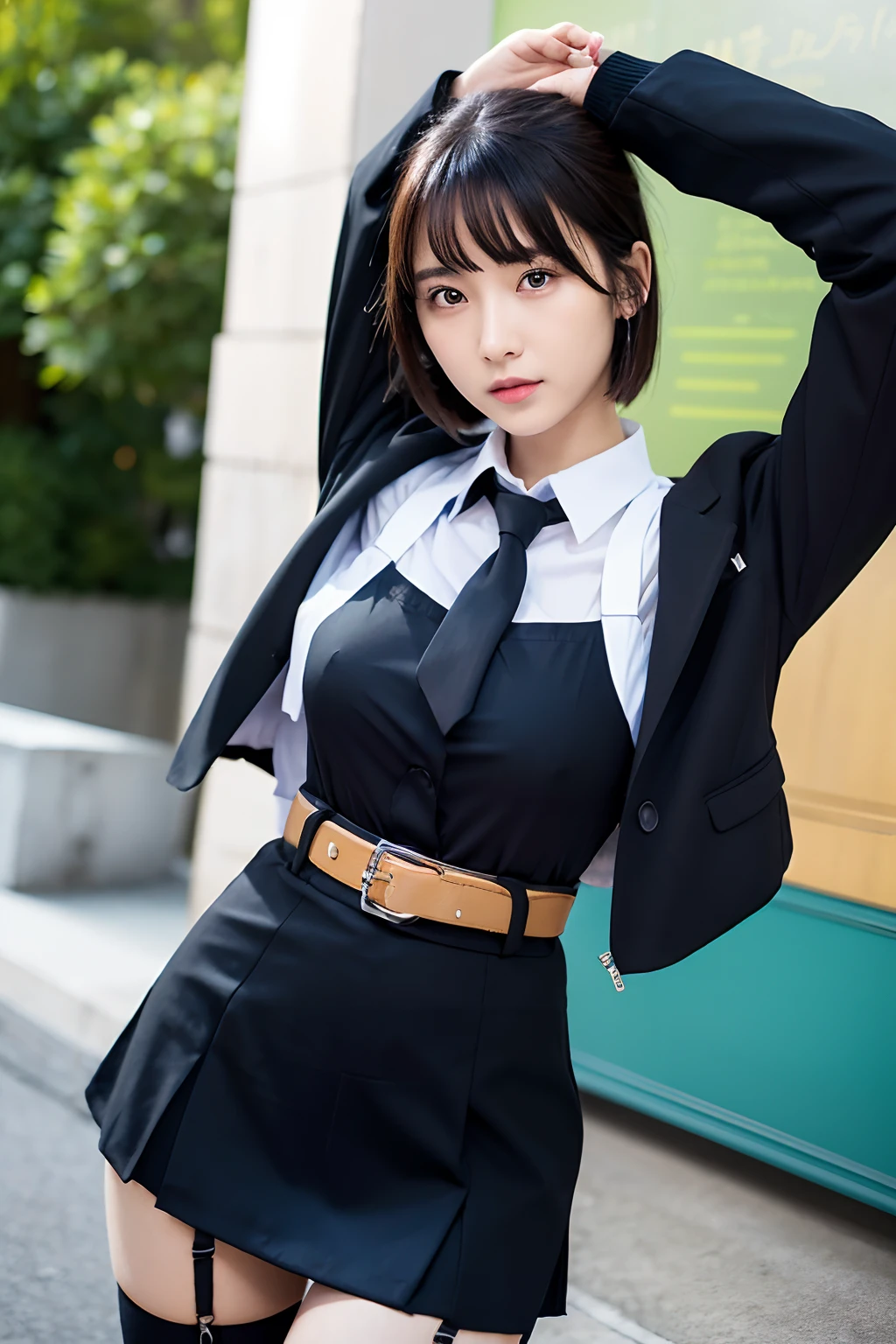 (masutepiece:1.2),High quality,vivd colour,flat-colors,Deep Depth Of Field,Lens Flare,1 girl,Black hair,eyecontact,Suit,Collared shirt,Belt bag,suspenders,Professional,Office Lady,Mature Women,Black mini skirt garterbelts knee high Stockings Black Niso Colorcon armpit sweat perspiring Side of both hands,Black jacket,Gaze,ample bosom,Armpit sweat,Exposing the armpits"Pichi Pichi clothes