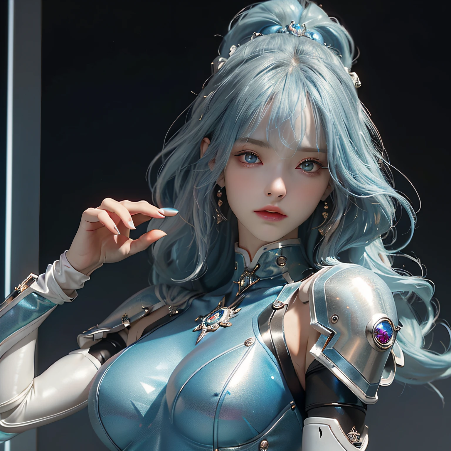 ​masterpiece、hightquality、。.。.。.。.。.。.。.。.。.。.。.。.。.3D、8K CG、intricate detailes、细致背景、Sacred。ornament detached, Dylan Kowalski, 15yo student, ((2girls)), The upper part of the body, musculature, Skindentation, looking to side, Light blue hair、length hair,  Mechanical arm, synthetic skin, porcelain, pearls, Holographic, Titanium, Diamonds, ruby, sapphires, Pedras preciosas, Clockwork, grunge, worn edges, s Armor, Beautiful breasts、Twin-tailed hairstyle、