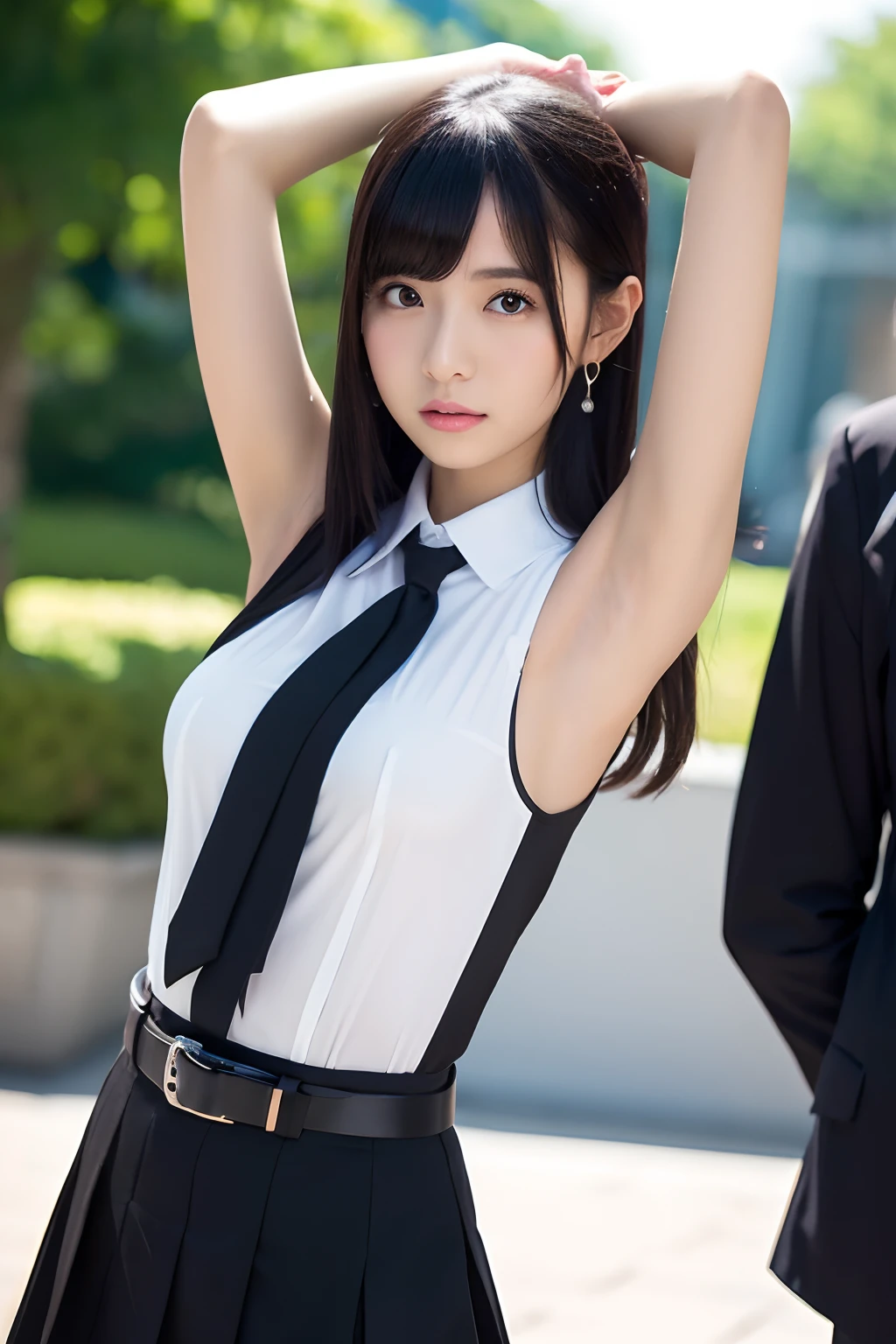 (masutepiece:1.2),High quality,vivd colour,flat-colors,Deep Depth Of Field,Lens Flare,1 girl,Black hair,eyecontact,Suit,Collared shirt,Belt bag,suspenders,Professional,Office Lady,Mature Women,Black mini skirt garterbelts knee high Stockings Black Niso Colorcon armpit sweat perspiring Side of both hands,Black jacket,Gaze,ample bosom,Armpit sweat,Exposing the armpits"Pichi Pichi clothes